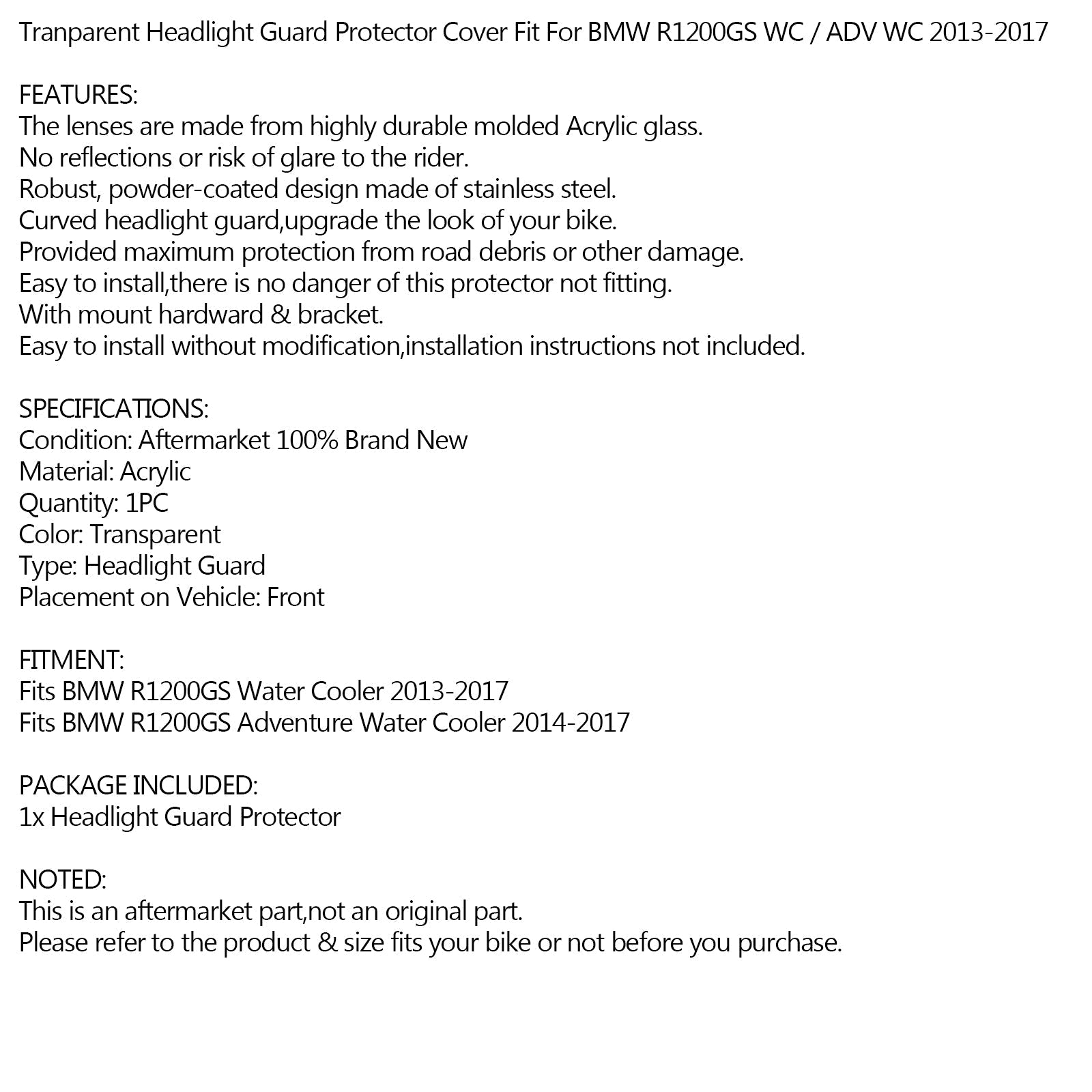 Protection de phare avant transparente pour BMW R1200GS Adventure / WC 2013-2017 Générique
