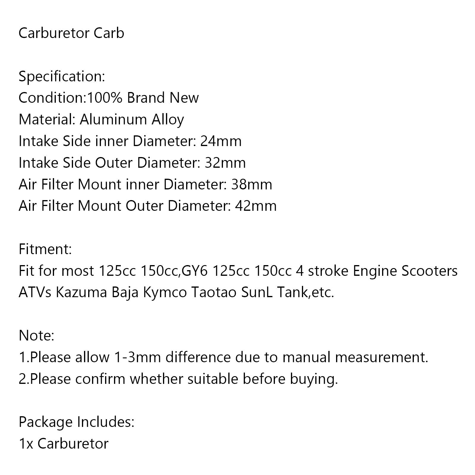 Carburador para GY6 125 150cc Scooter ATV Kazuma Baja Kymco Taotao SunL ​​​​tanque genérico