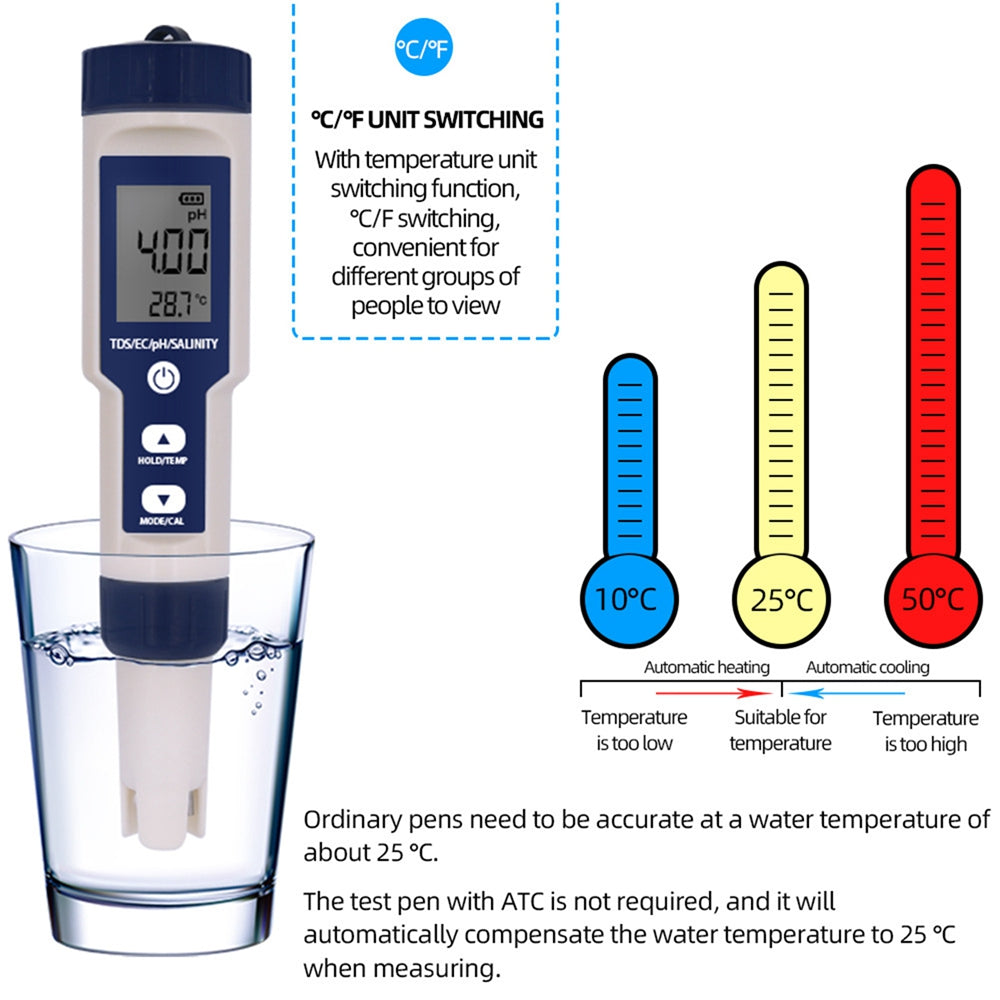 5in1 PH/TDS/EC/salinité/température testeur de qualité de l&#39;eau numérique outil de Test de compteur