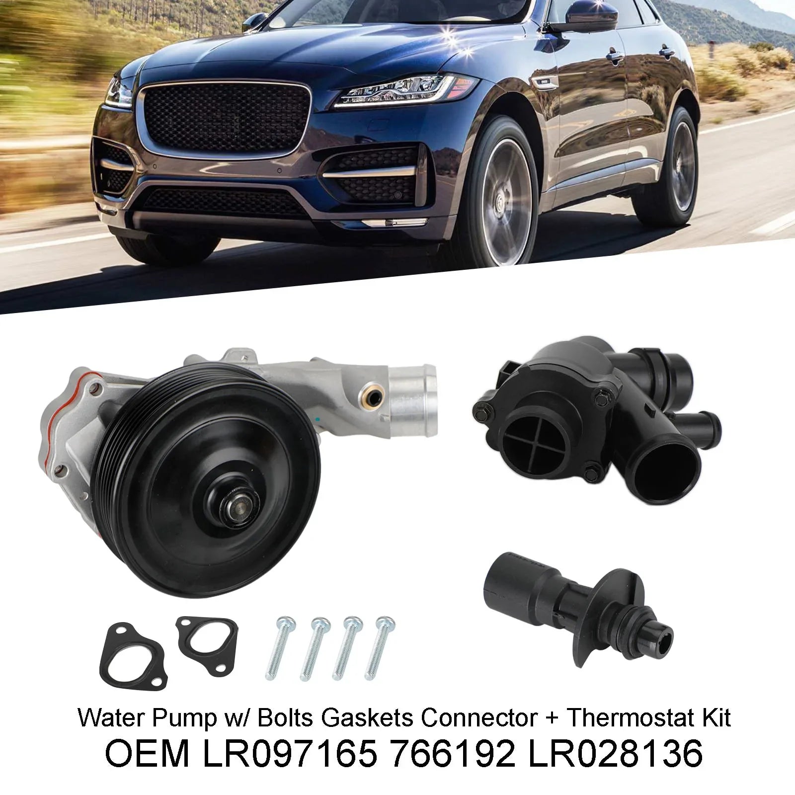 2010-2014 Jaguar XF 5.0L V8 XFR XFR-S Pompa acqua con bulloni Guarnizioni Connettore + Kit termostato