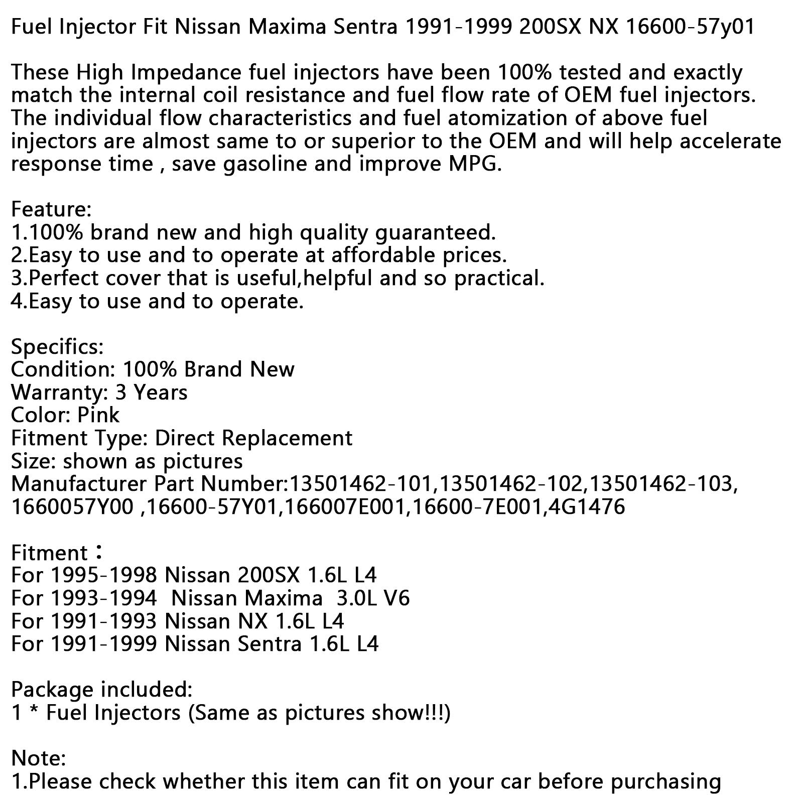 1 pièces d'injecteurs de carburant pour Nissan Maxima Sentra 1991-1999 200SX NX 16600-57y01 générique