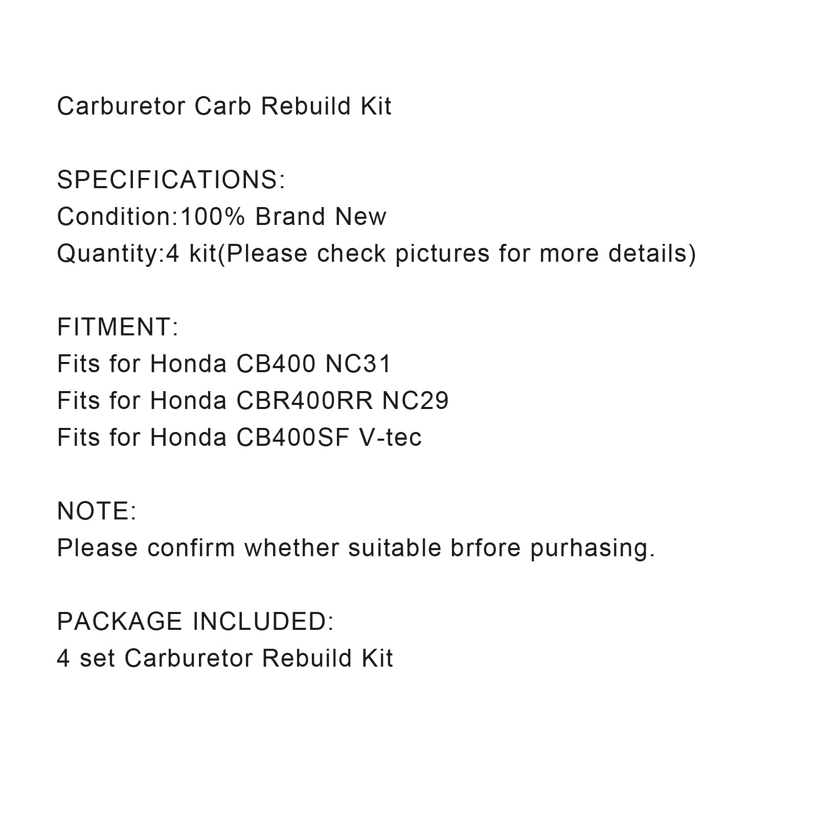 4X Vergaser Reparatur Satz pour Honda CB400 NC31 CBR400RR NC29 CB400SF V-tec Generic
