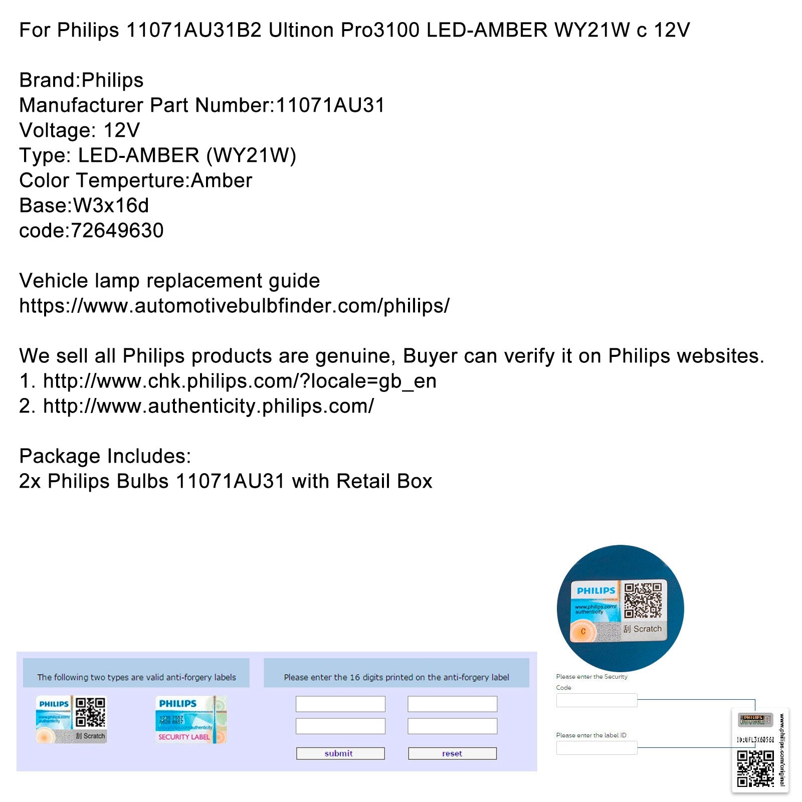 Pour Philips 11071AU31B2 Ultinon Pro3100 LED-AMBRE WY21W W3x16d 12V
