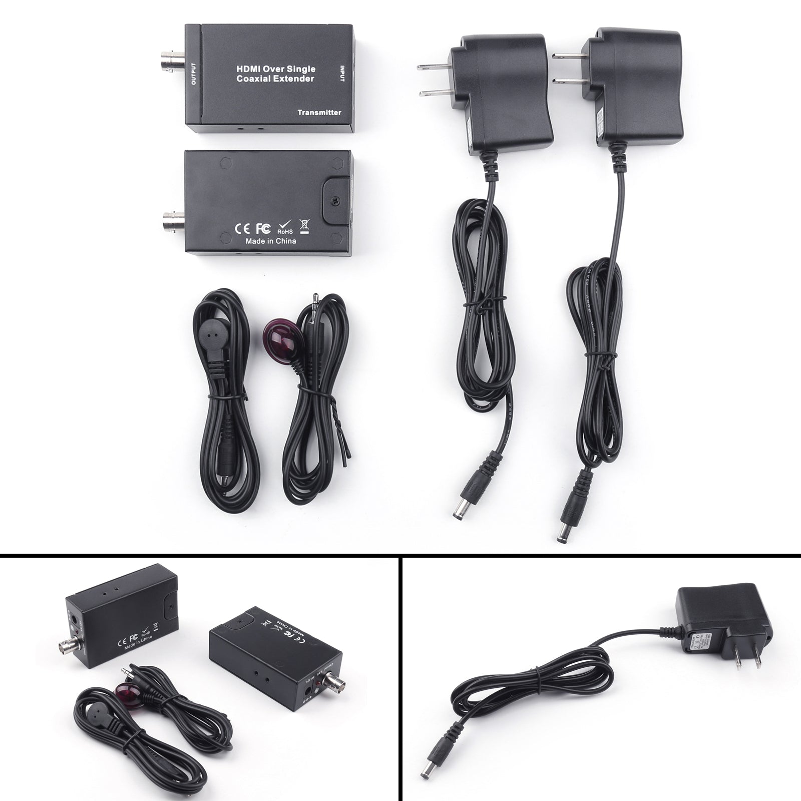 Câble coaxial HDMI BNC Extender IR sur un seul balun émetteur récepteur US Plug Power