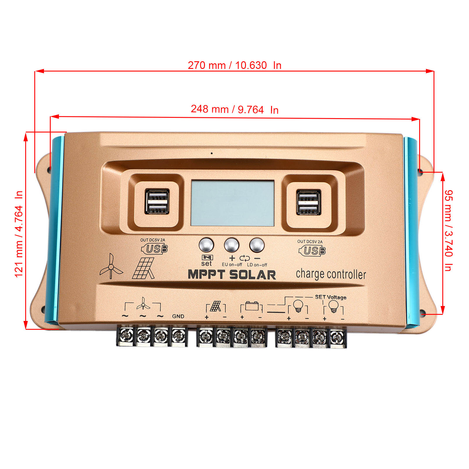 12V/24V/36V/48V/60V 60A MPPT panneau de contrôleur de Charge hybride solaire éolien double USB