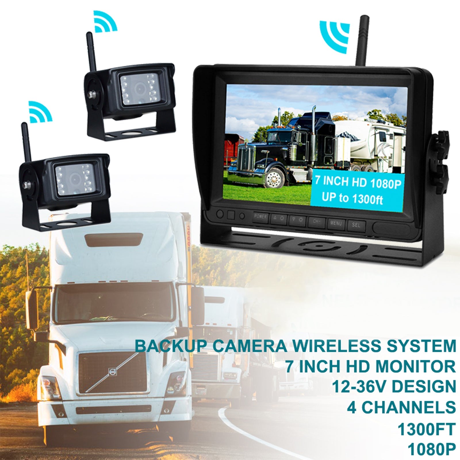 Kit telecamera di backup wireless AHD 1080P 2CH con display da 7 "per rimorchio per camion