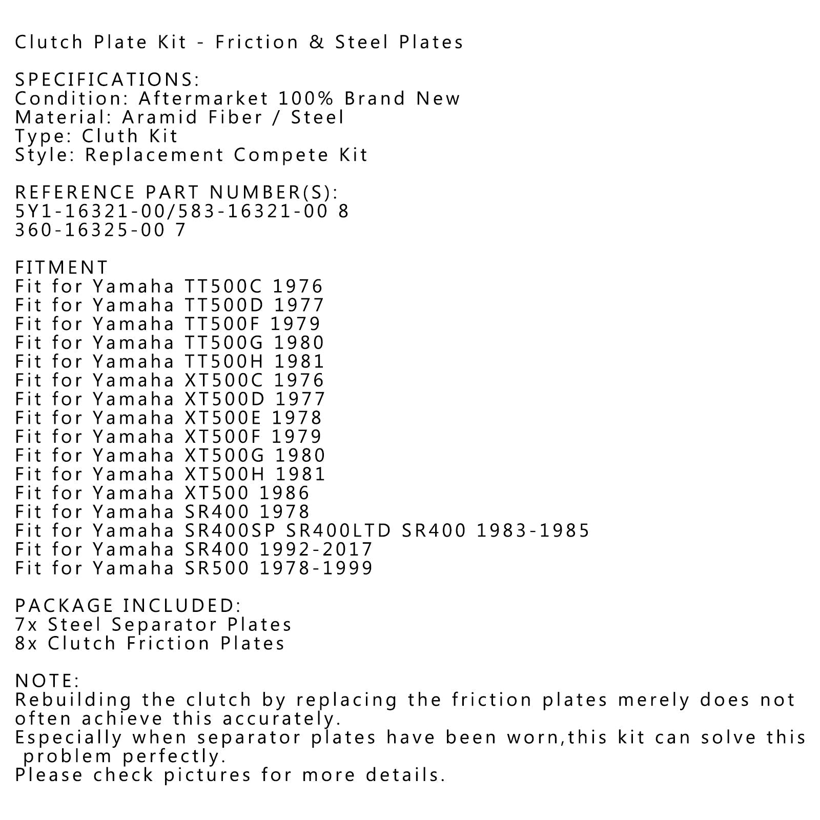Kit d'embrayage en acier et plaques de friction pour Yamaha TT500 SR400 SR400SP SR500 générique