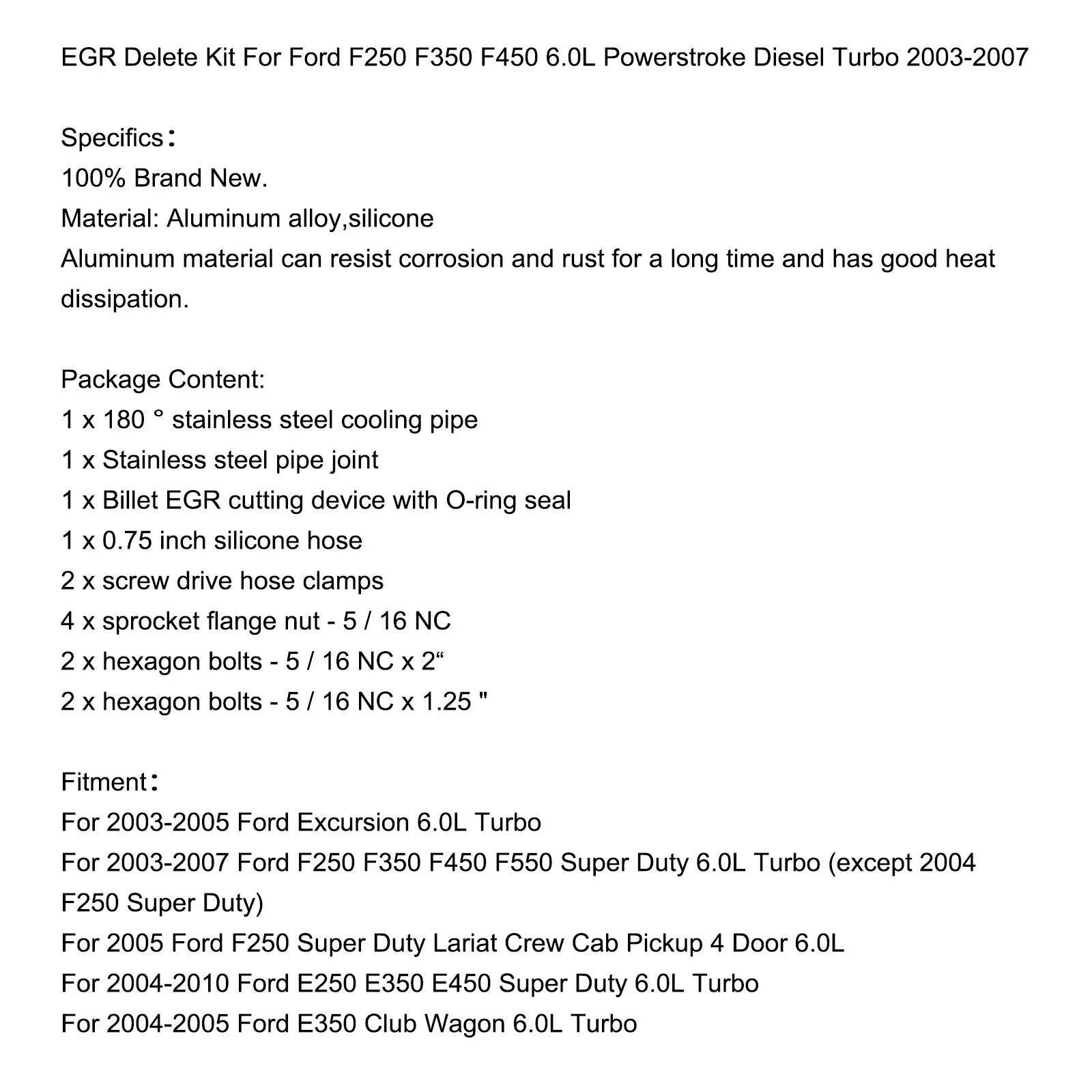 2004-2010 Ford E250 E350 E450 Super Duty 6.0L Turbo EGR Kit de suppression Fedex Express