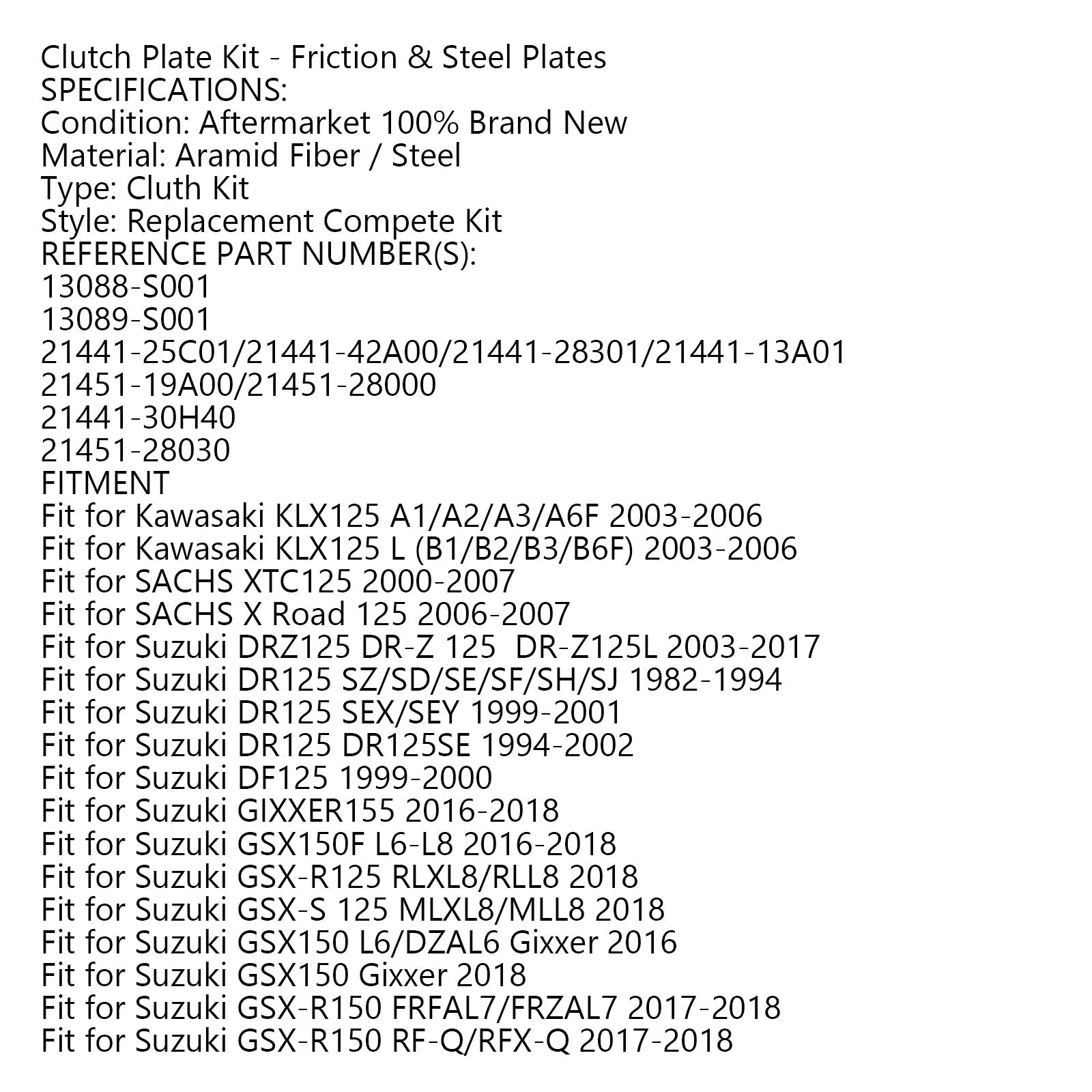 Kit de embrague de acero y placas de fricción para Kawasaki KLX125 Suzuki GN125 GSX-R150 Genérico