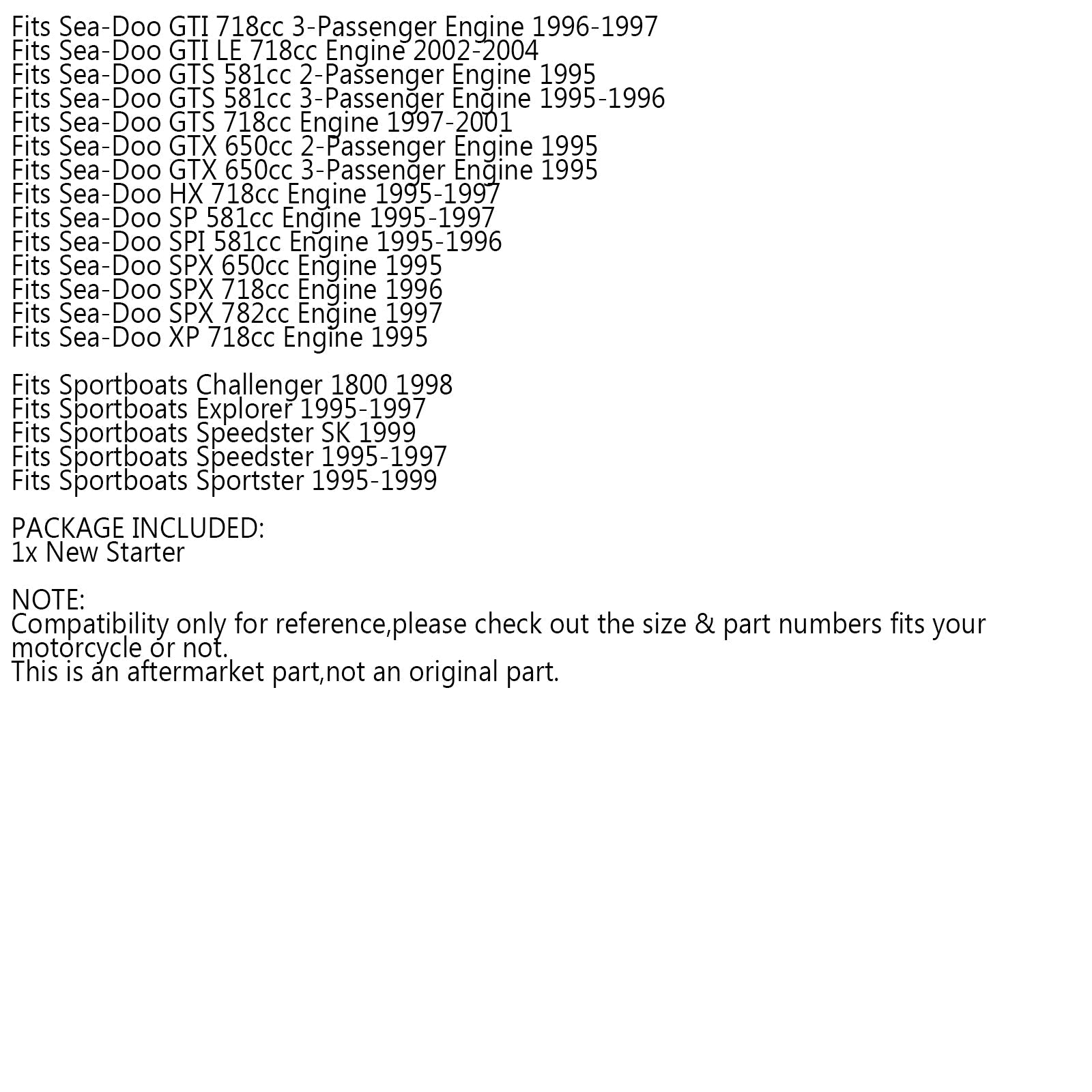 Motor de arranque para Sea-Doo GT GTI GTS GTX HX SP SPI SPX XP 580 587 650 657 717 718 720 genérico