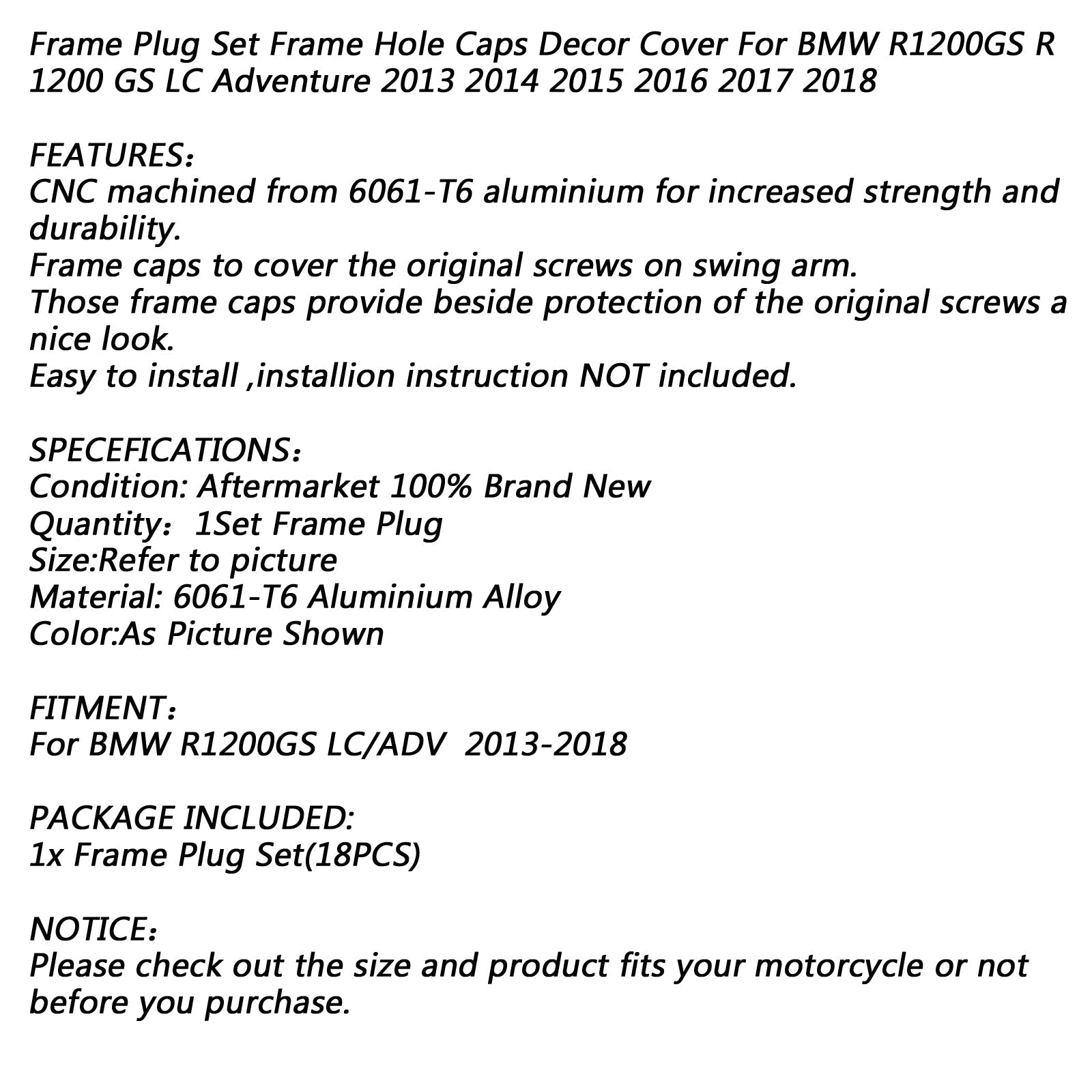 18x capuchons de protection de cadre latéral en aluminium CNC pour BMW R1200GS 2013-2019 générique
