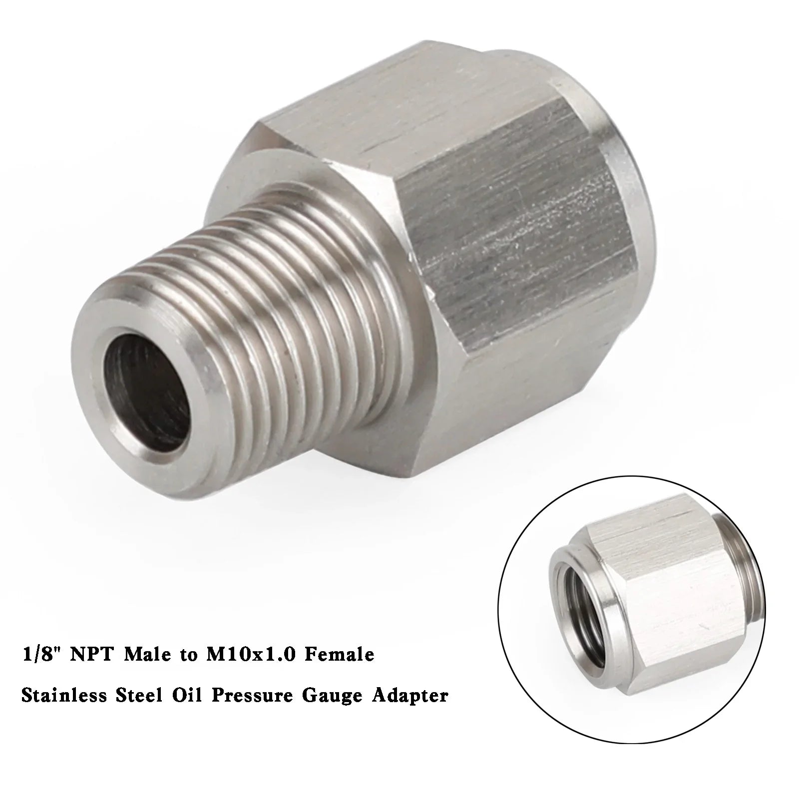 Adaptador de medidor de presión de aceite de acero inoxidable hembra 1/8" NPT macho a M10x1.0