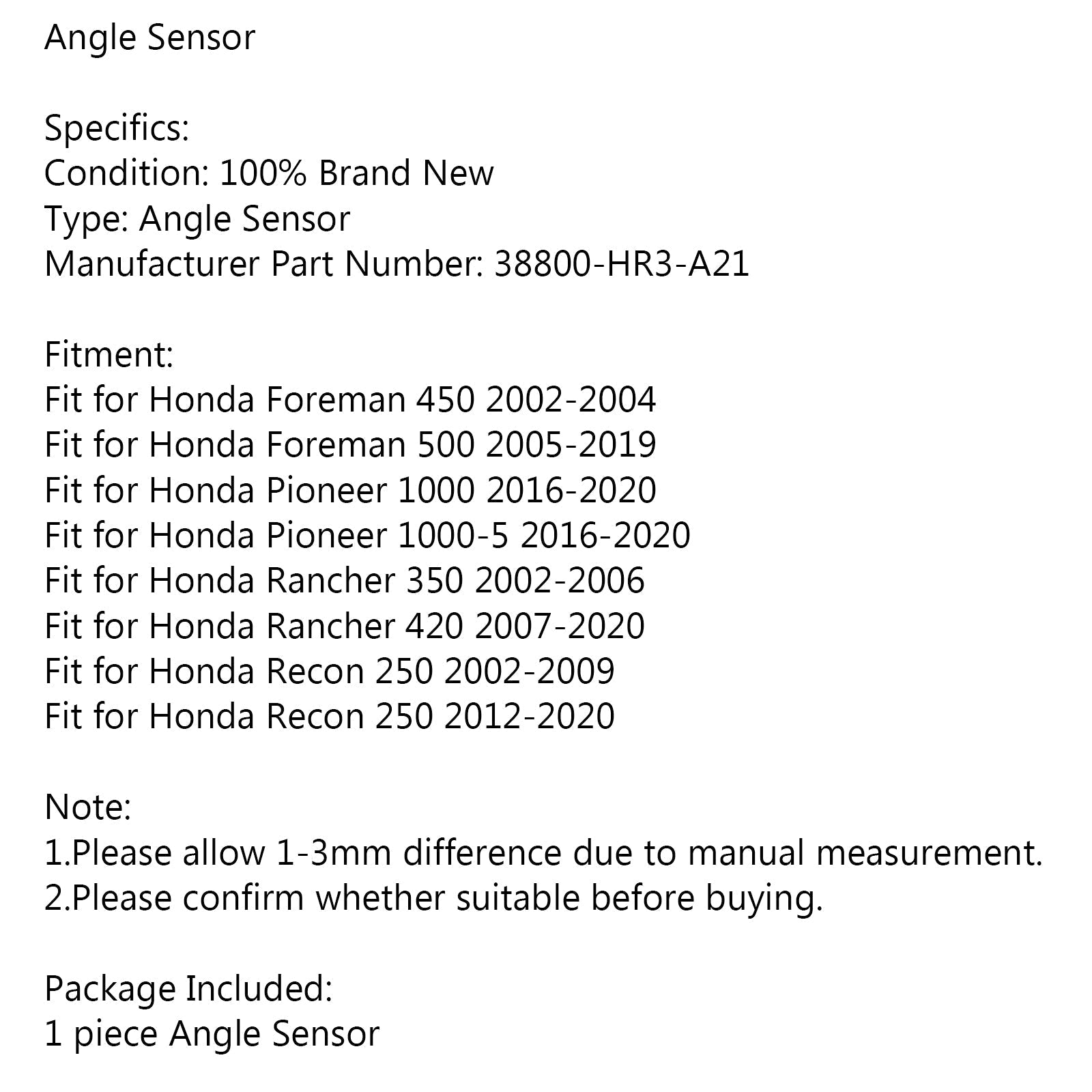 Sensore angolare adatto per Honda Foreman 450 500 Rancher 350 Recon 250 38800-HR3-A21 generico