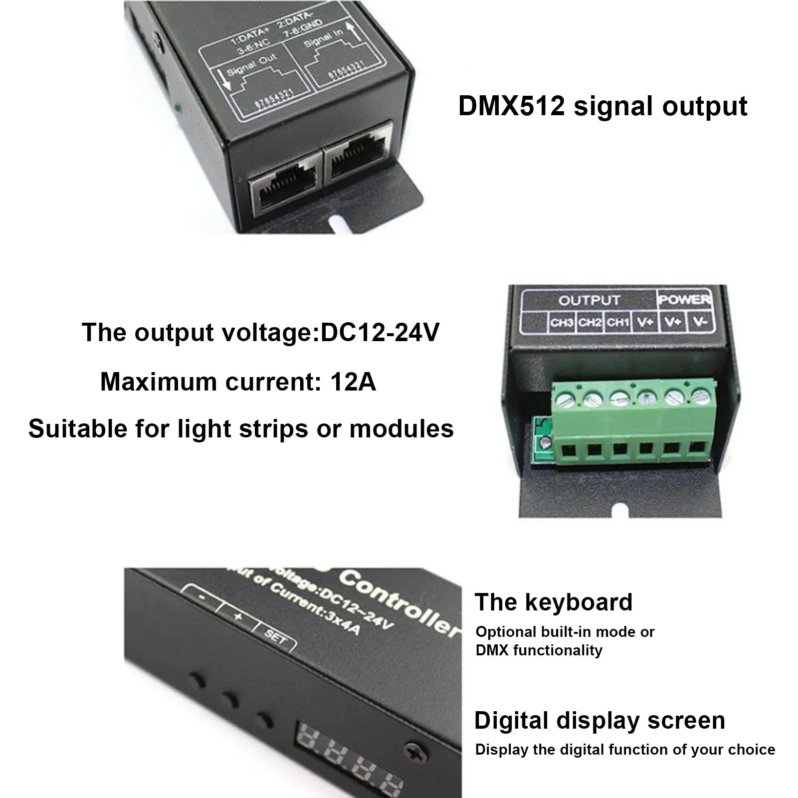 Contrôleur de décodeur LED RGB DMX512 DC12-24V 3x4A 12A Gradateur PWM numérique à 3 canaux