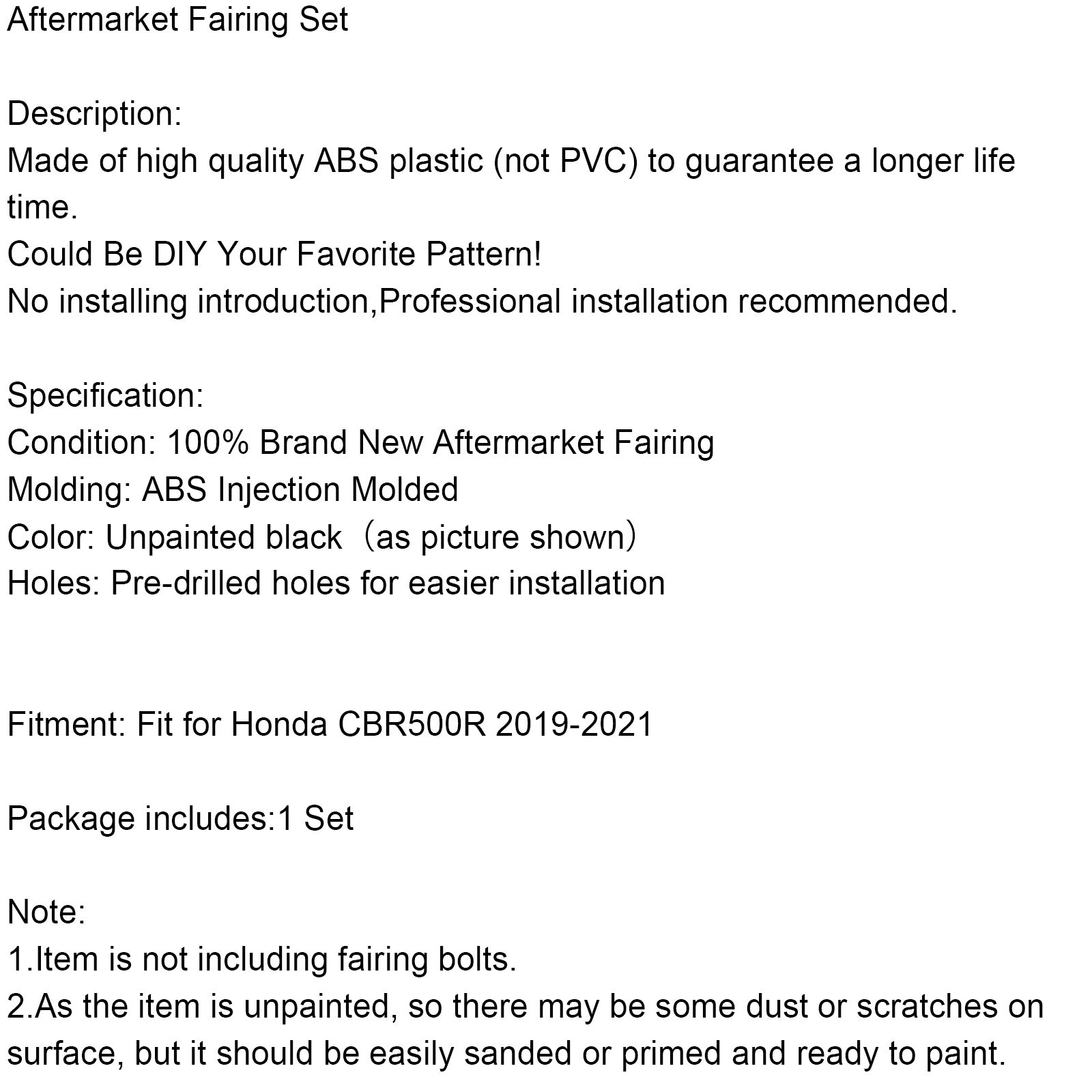 Amotopart Honda CBR500R 2019-2021 Kit de carénage moulage par injection carrosserie non peinte générique