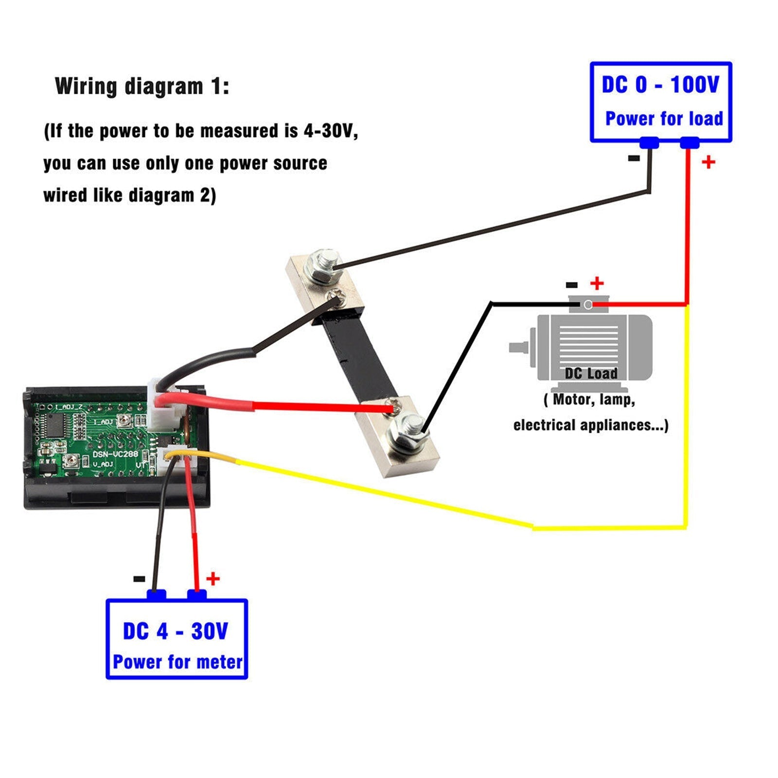 DC 100A 100V Digital Amp Voltmètre Voltmètre Ampèremètre Bleu Rouge LED Courant Shunt