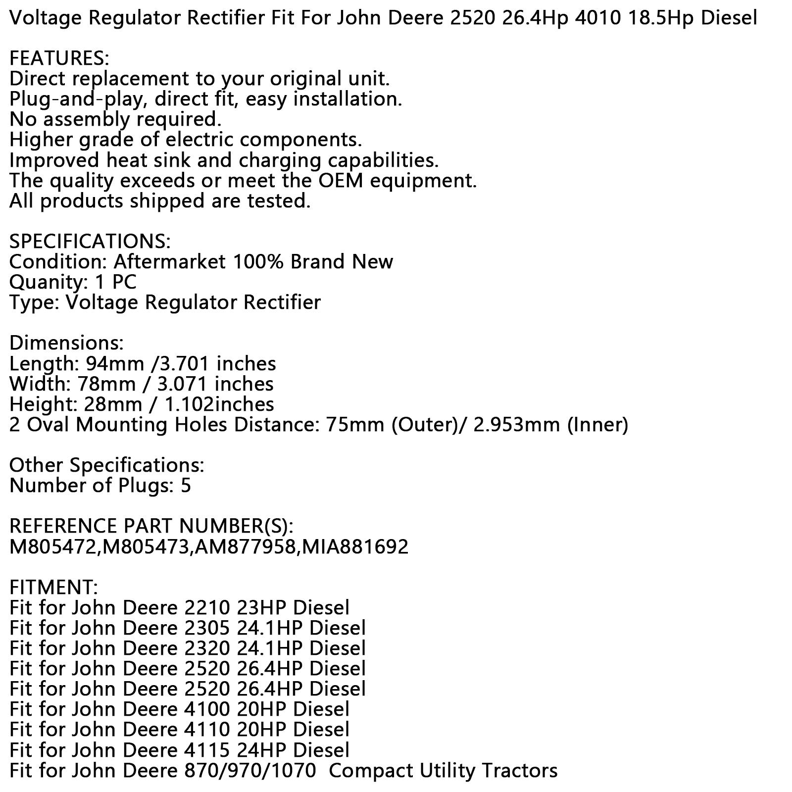 Raddrizzatore regolatore adatto per John Deere Am877958 2210 23Hp 2320 24.1Hp Diesel Generico