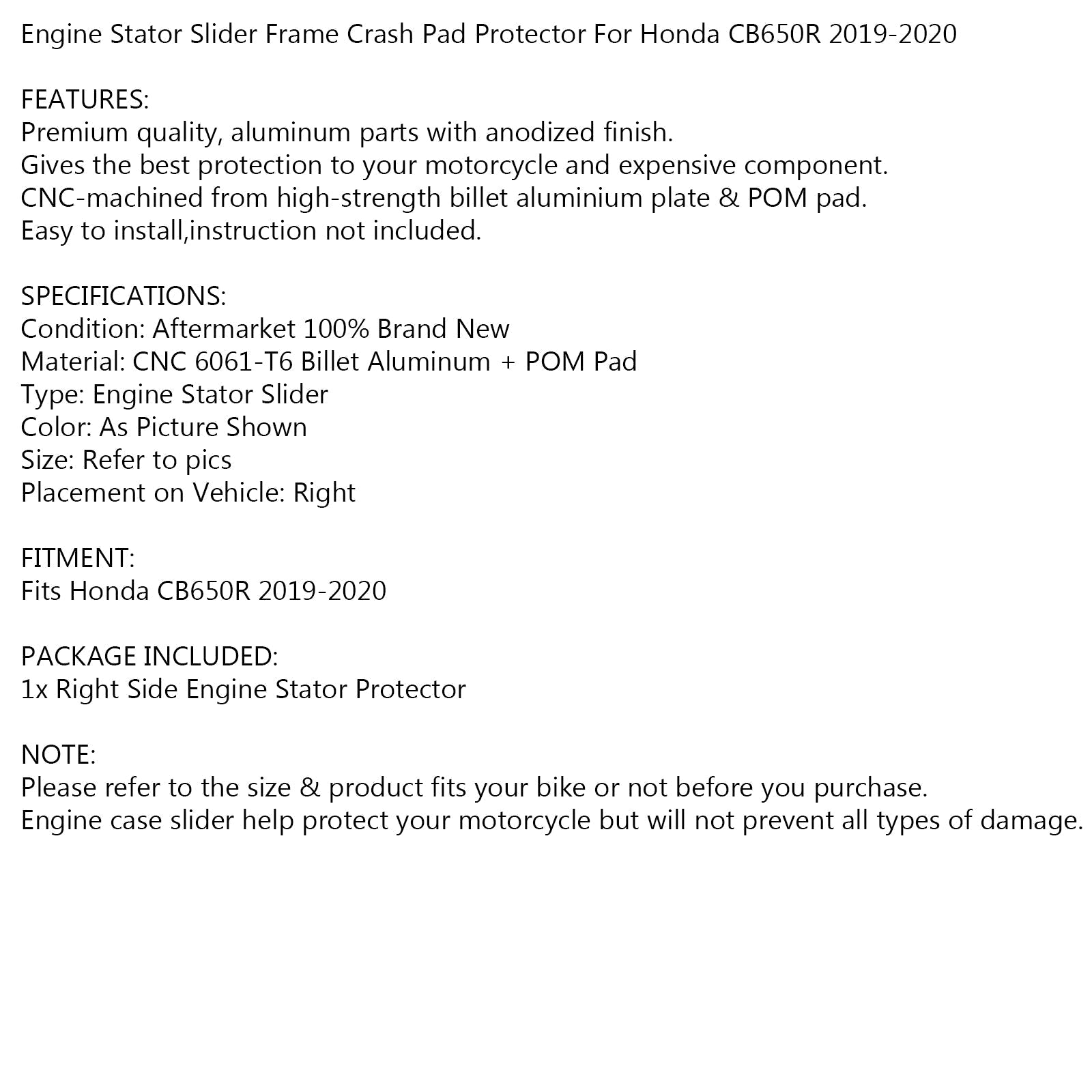 Protecteur de tampon de protection pour stator de moteur droit pour Honda CB650R 2019-2021 Generic