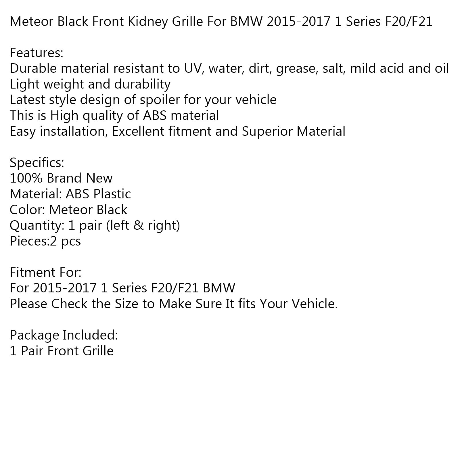 Grille de calandre noire Meteor pour BMW Série 1 F20/F21 générique 2015-2017