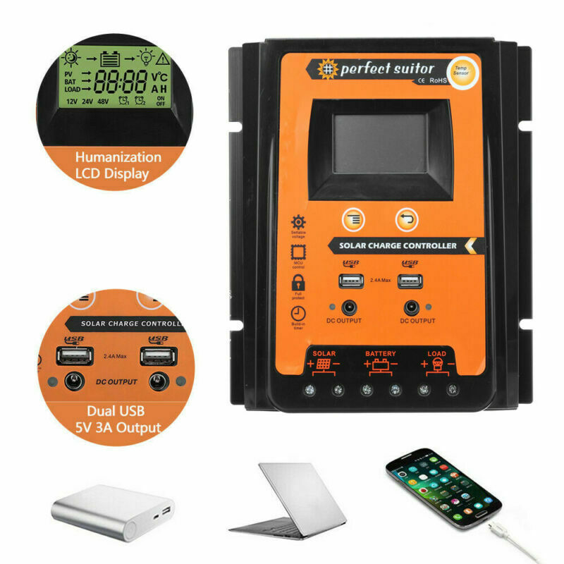 12/24V 70A Contrôleur de Charge Solaire Panneau Régulateur de Batterie Double USB