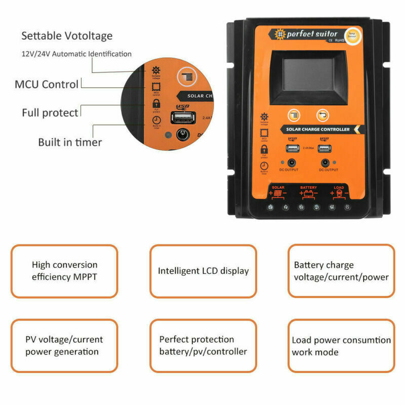 Regolatore di carica solare 12/24V 70A Regolatore batteria doppio USB