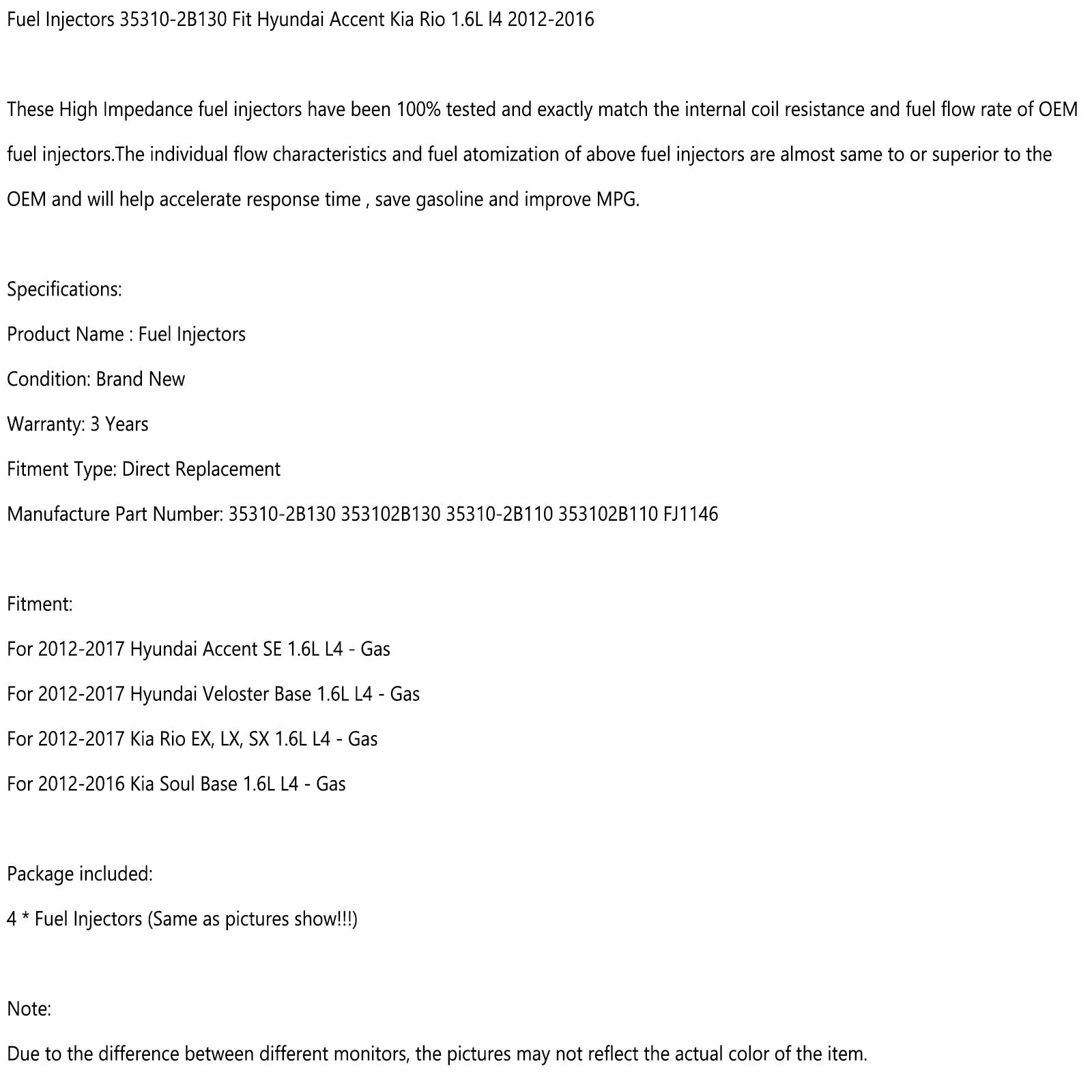 4 szt. Wtryskiwacze paliwa 35310-2B130 pasują do Hyundai Accent Kia Rio 1.6L l4 2012-2016