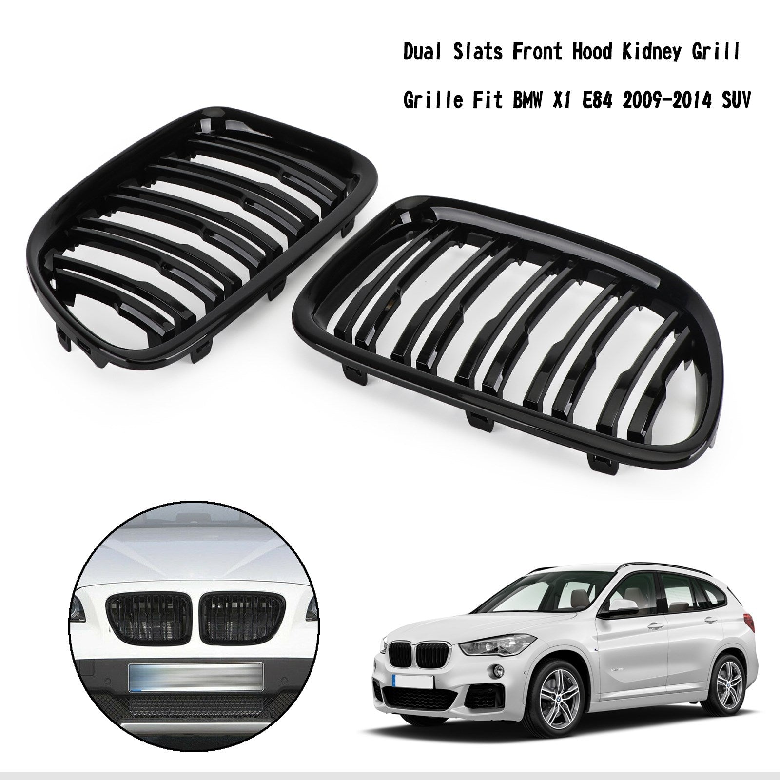 Rejilla de parrilla frontal de doble listón negro brillante para BMW X1 E84 2009-14 SUV genérico