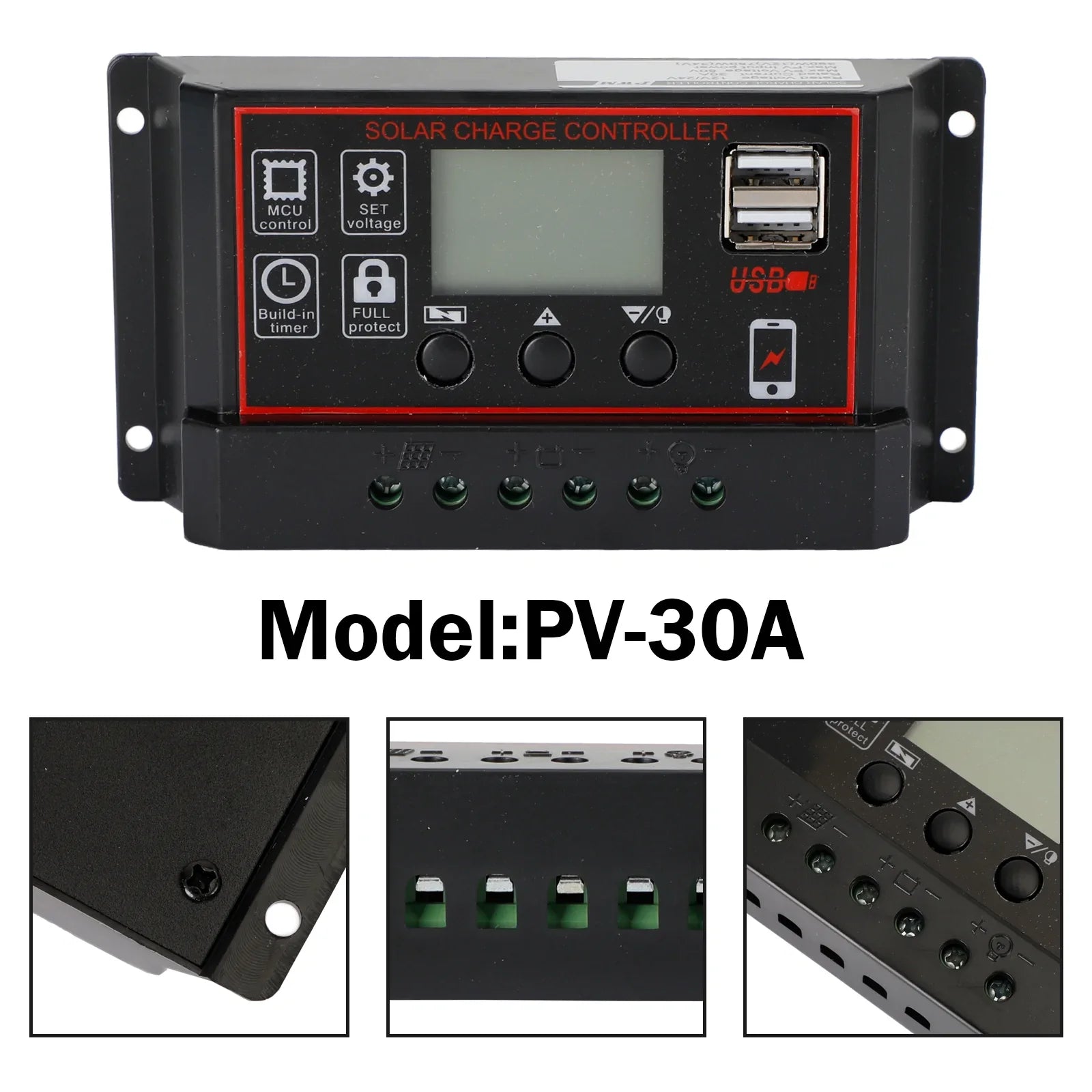 10A/20A/30A Régulateur de charge de panneau solaire PWM LCD Dual USB 12V/24V