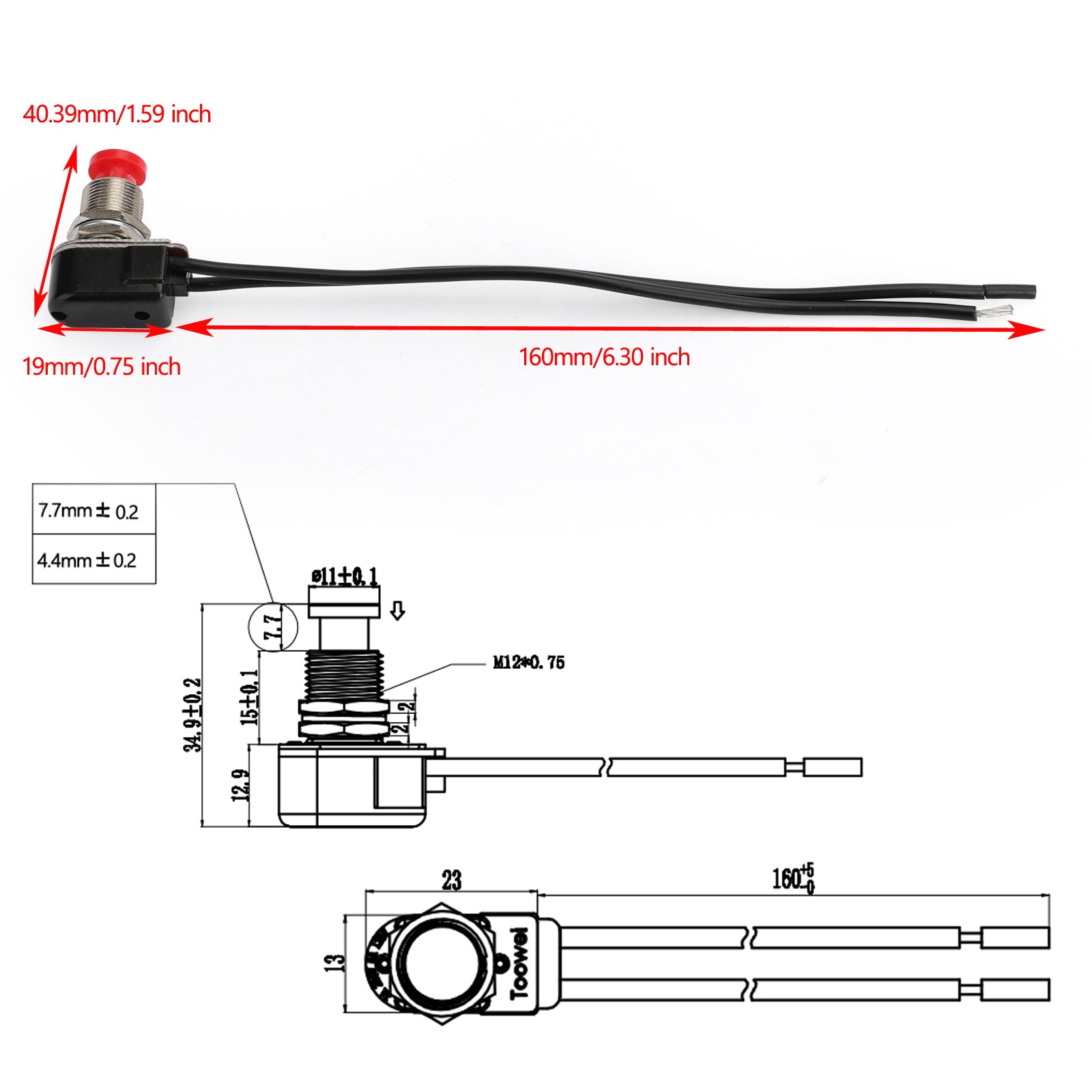 1 interruptor de Reinicio de botón de reinicio automático momentáneo normalmente cerrado con cable rojo