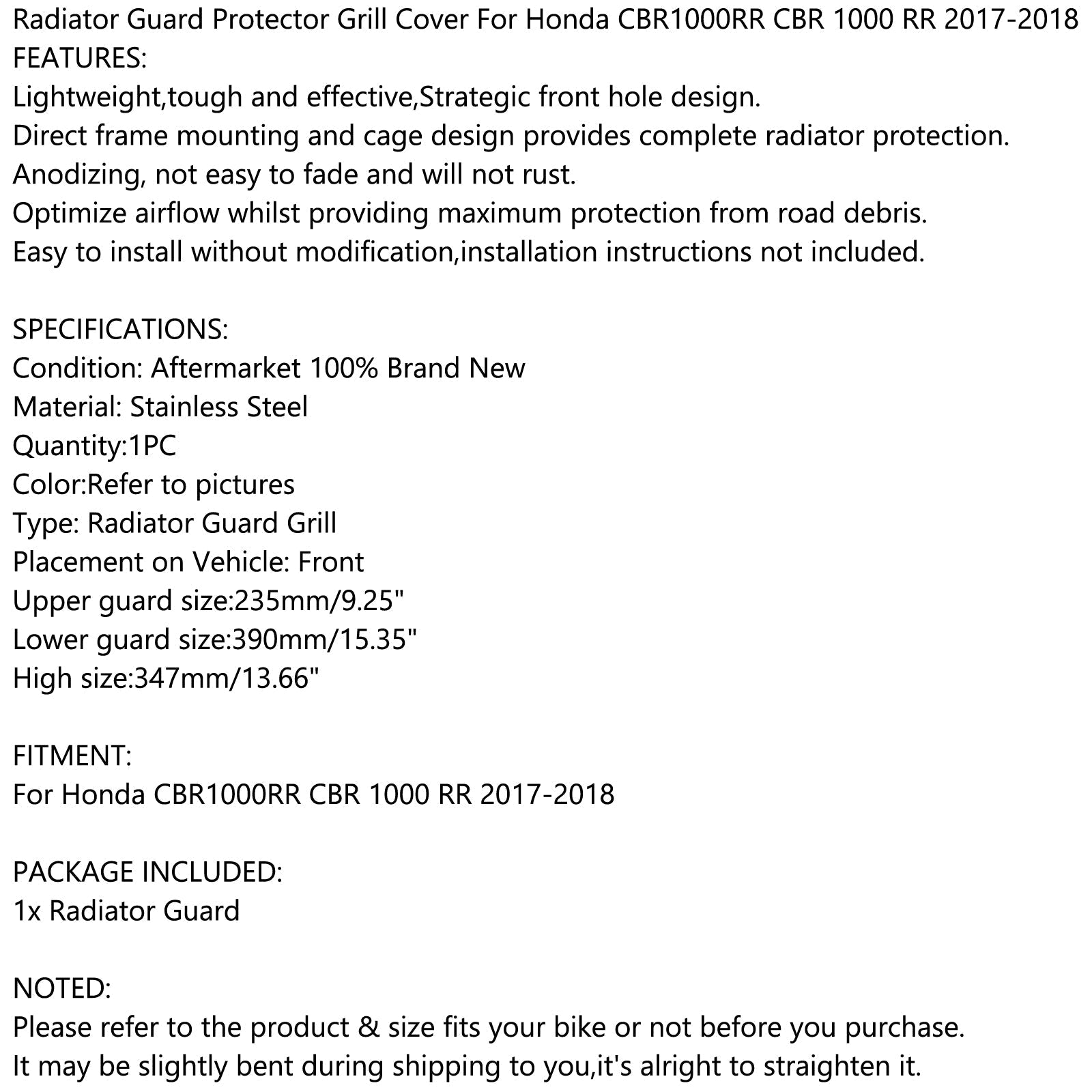 Griglia di protezione per radiatore per Honda CBR1000RR 2017-2018 Generico