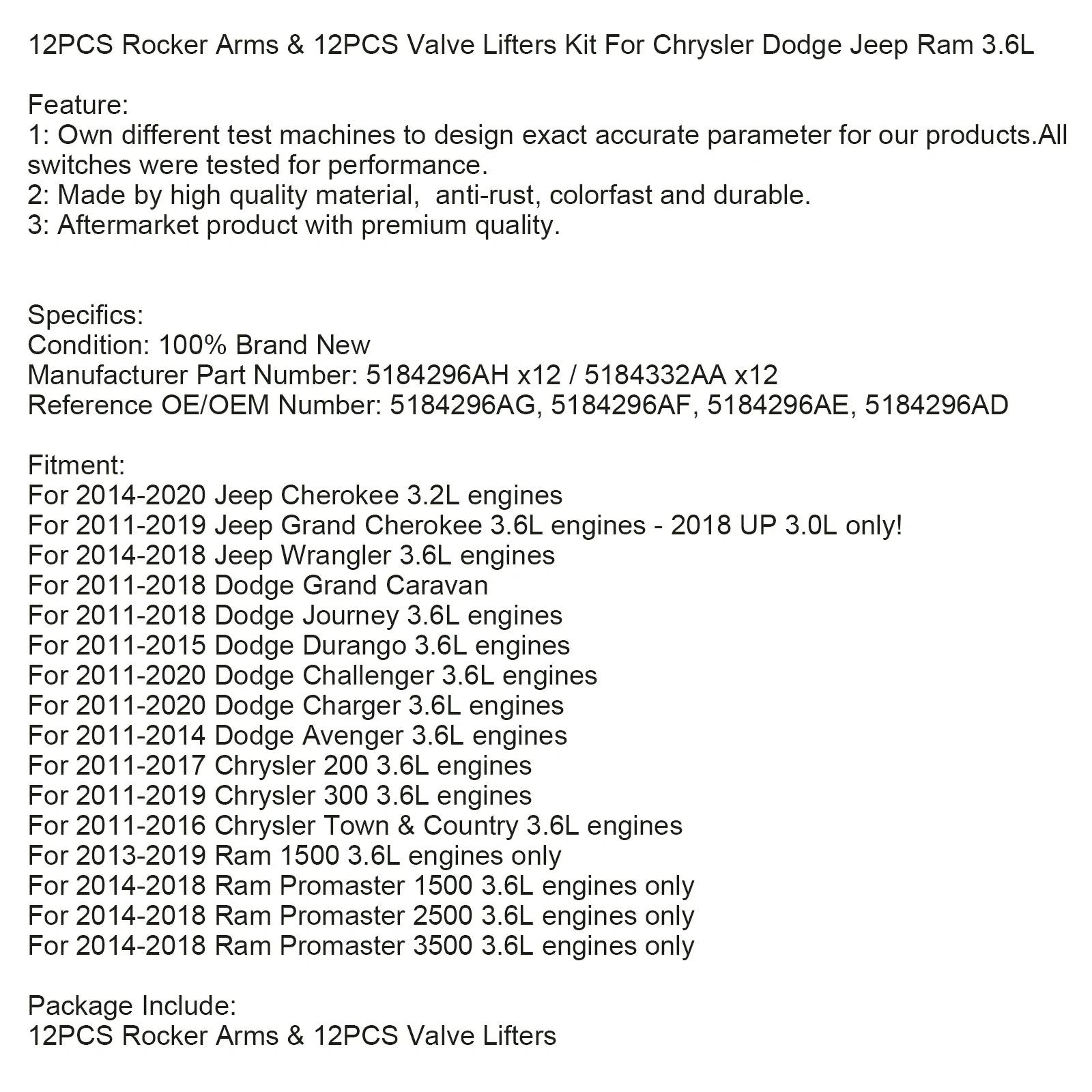 2011-2017 Chrysler 200 2011-2019 Chrysler 300 3.6L moteurs 12 pièces culbuteurs et 12 pièces Kit de poussoirs de soupape