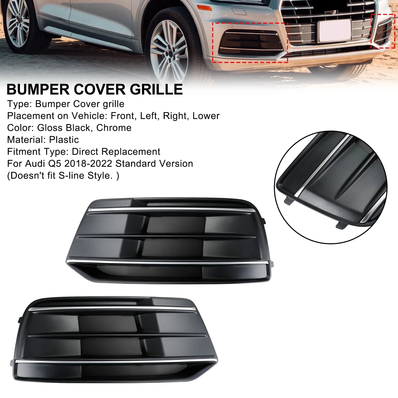 2018-2022 Audi Q5 2pcs Parachoques delantero Rejilla Bisel Insertar Negro/Cromo