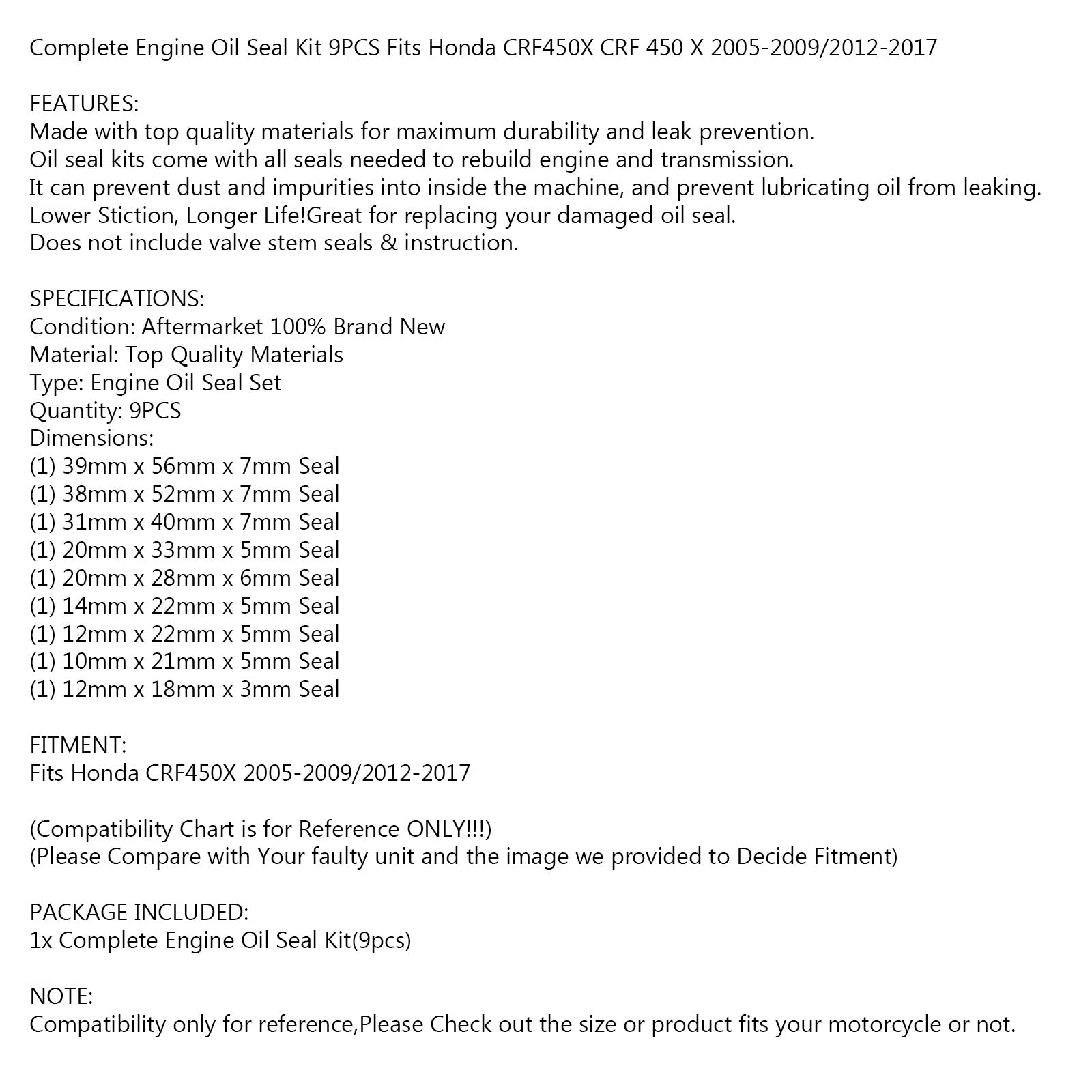 Juego de sellos de aceite de motor de 9 piezas para Honda CRF450X 2005-2009, 2012-2017 NUEVO Genérico