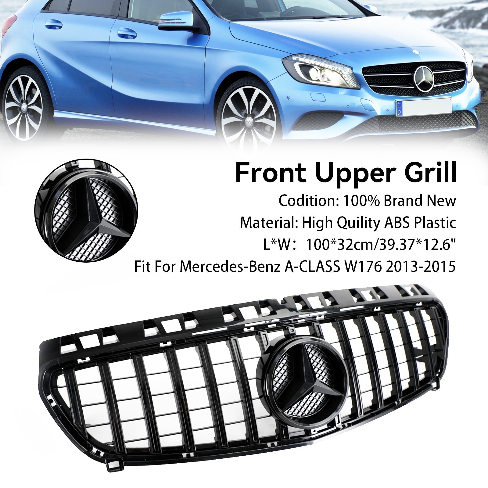 2013-2015 Mercedes Benz Classe A W176 Grille de calandre de pare-chocs avant noir brillant