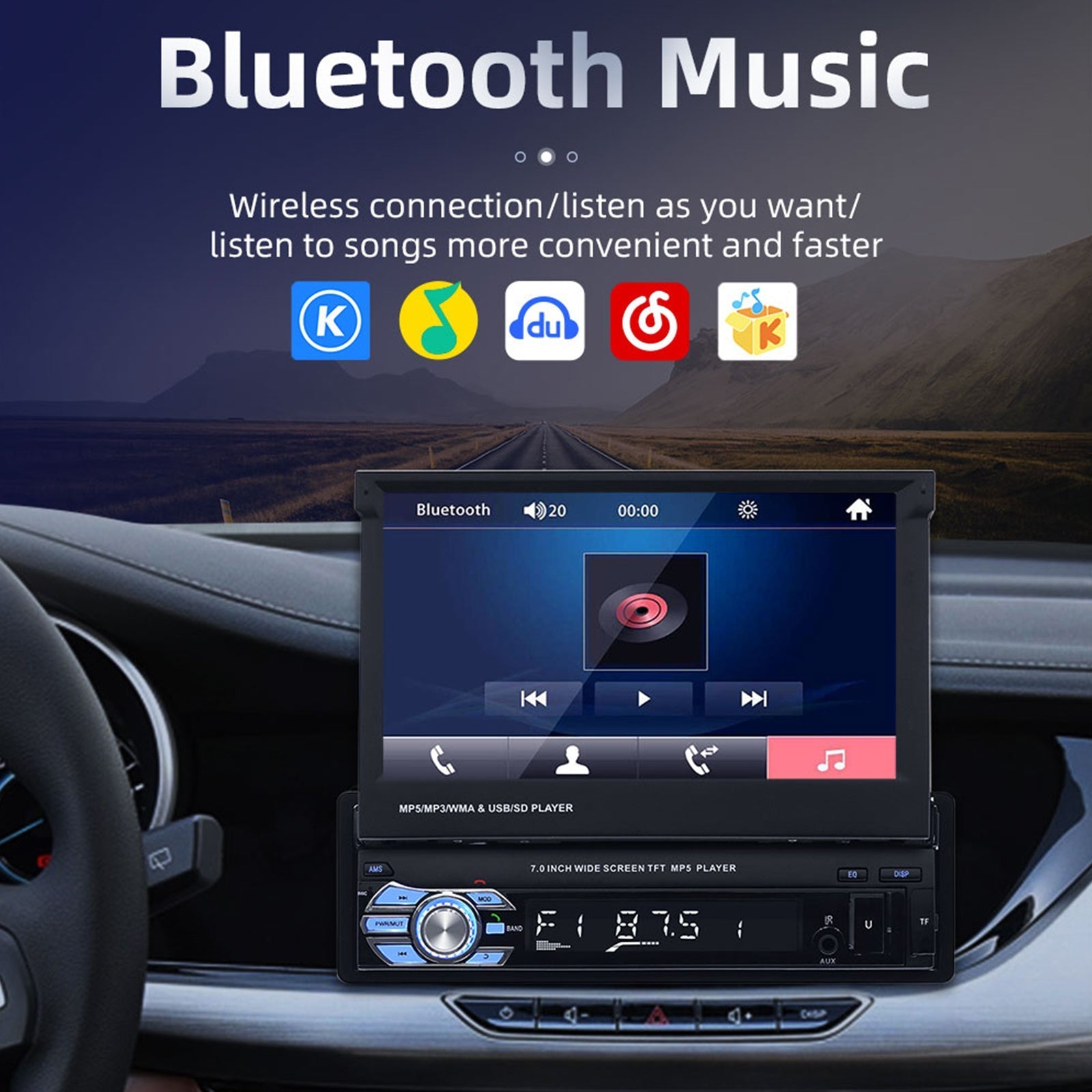 7 "1Din telescopisch touchscreen autoradio stereo mp5-speler BT / USB / AUX met camera