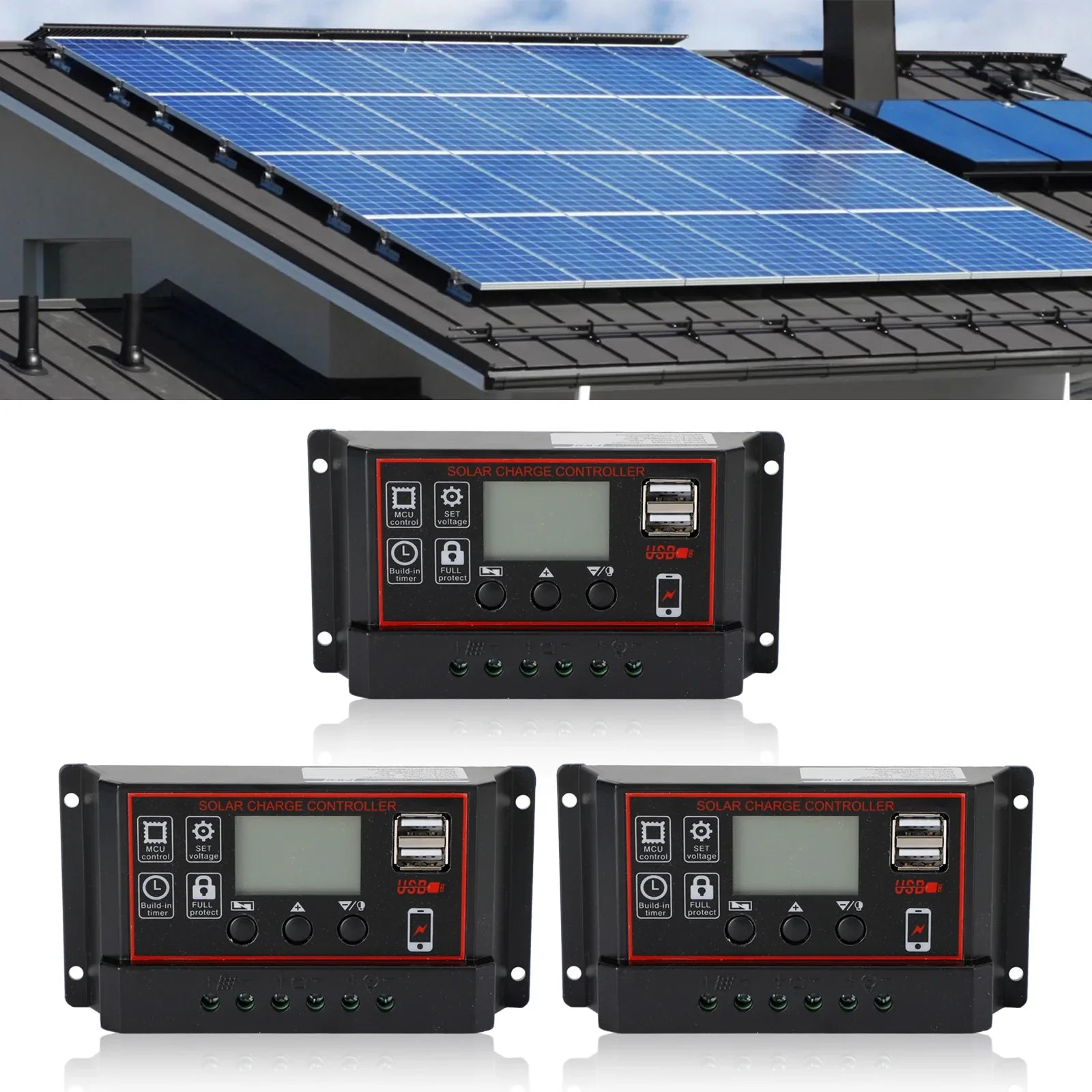 10A/20A/30A Régulateur de charge de panneau solaire PWM LCD Dual USB 12V/24V