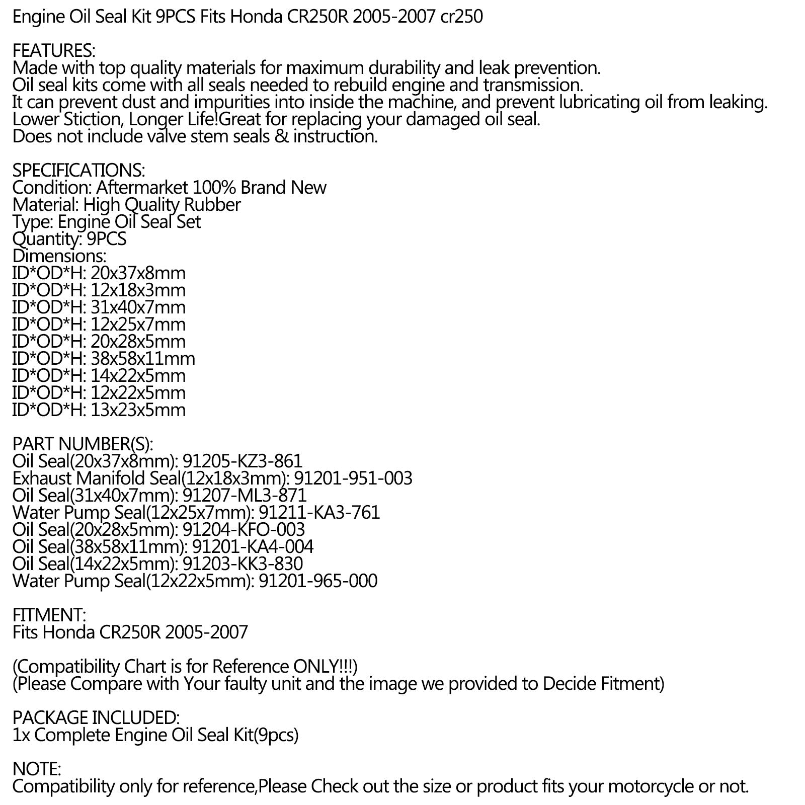 Kit de sello de aceite de motor de 9 piezas para Honda CR250R 2005-2007 cr250r cr-250r genérico