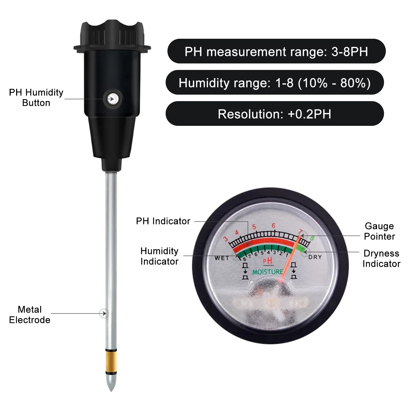 Testeur de PH de sol portable PH et humidimètre avec sonde en métal de 295 mm de long