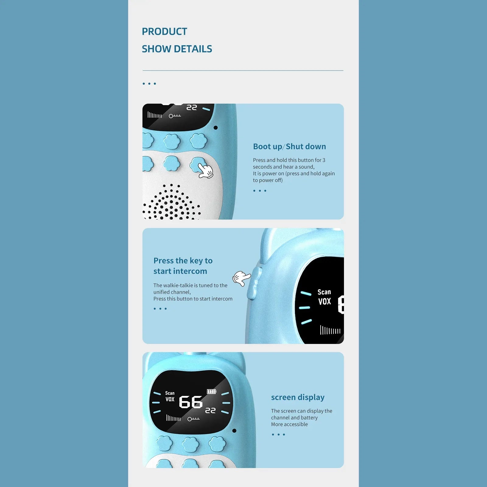 Paquete de 2 Talkies -Walkies Children - Rango de 3 km - 22 canales - Lámpara de bolsillo - Recargable