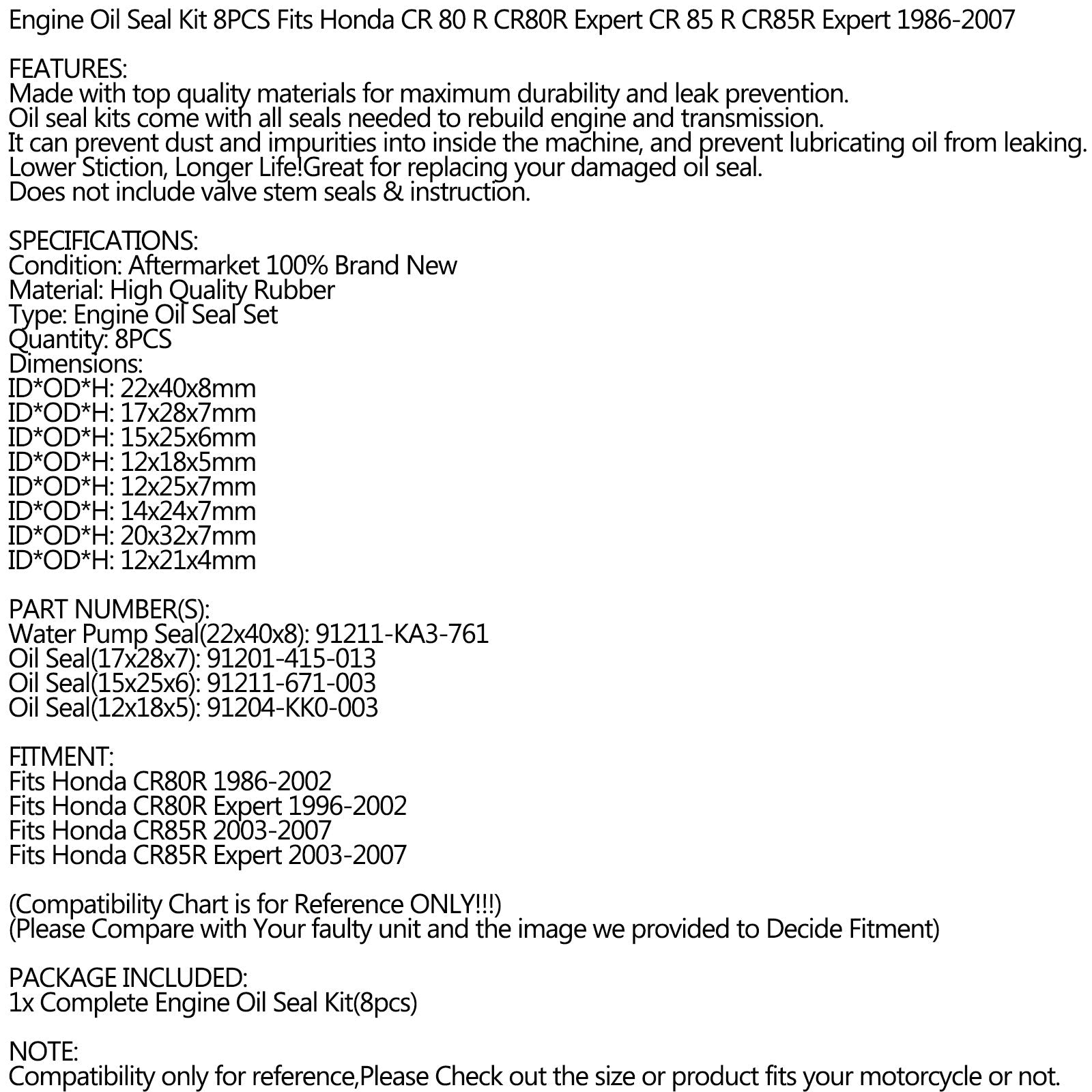 Kit de sello de aceite de motor de 8 piezas para Honda CR80R CR85R 1986-2007 cr 80r 85r genérico