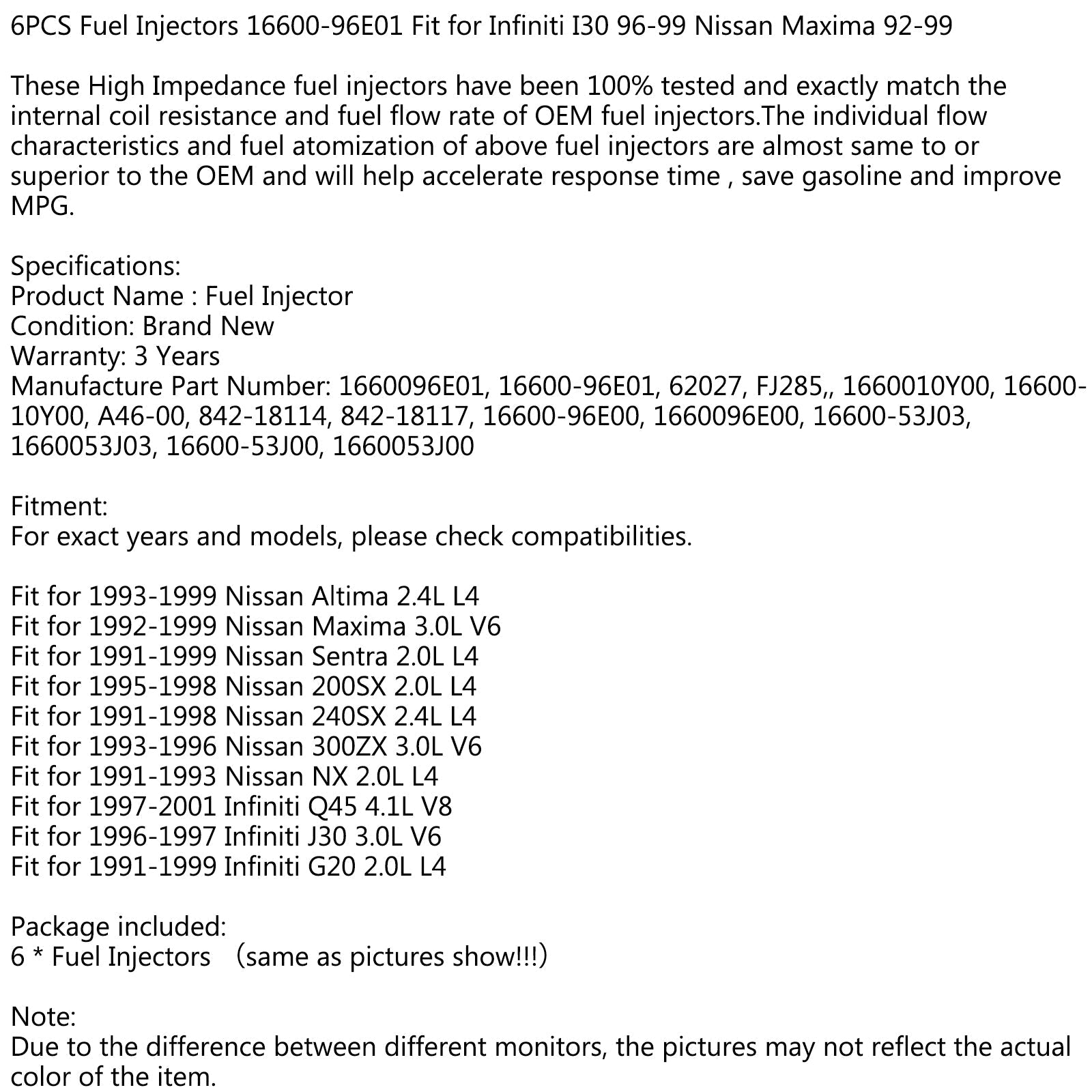Confezione da 6 iniettori di carburante 16600-96E01 per Infiniti I30 96-99 Nissan Maxima 92-99 generico