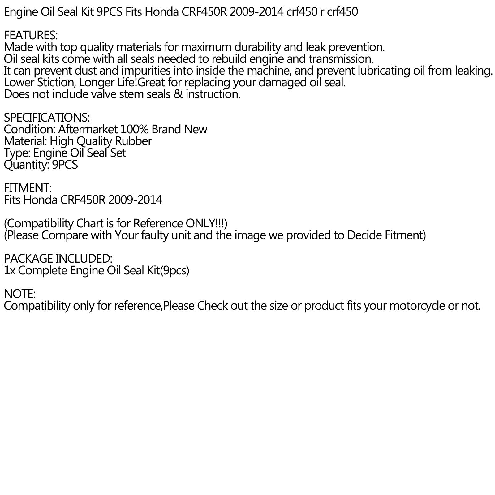 Kit de sello de aceite de motor de 9 piezas para Honda CRF450R CRF450 CRF 450 R 2009-2014 genérico