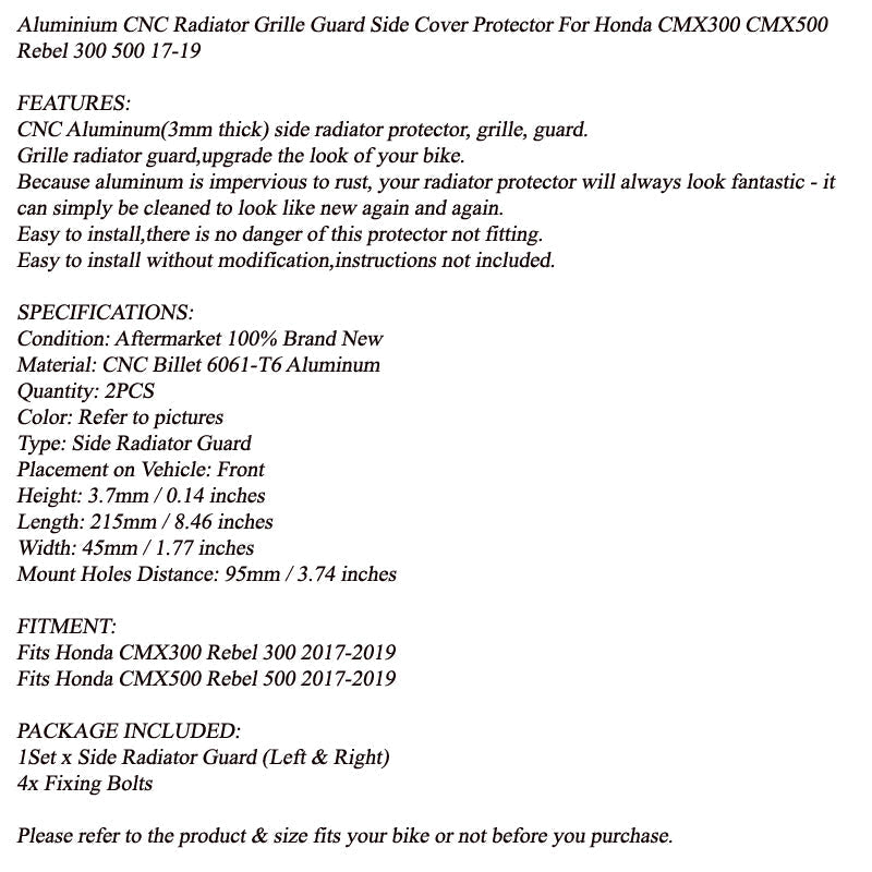 Cache latéral de protection de radiateur CNC ALU Gold pour Honda CMX300 CMX500 Rebel 2017-2019 Generic