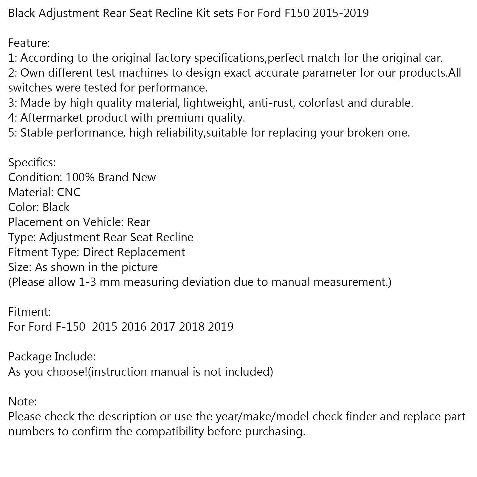 Ensembles de Kit 'inclinaison de siège arrière de réglage noir pour Ford F150 2015-2019 générique