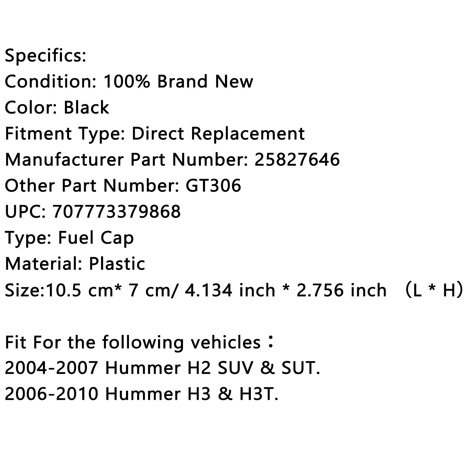 2004-2010 Hummer H2 H3 H3T GM 25827646 Bouchon de réservoir de carburant