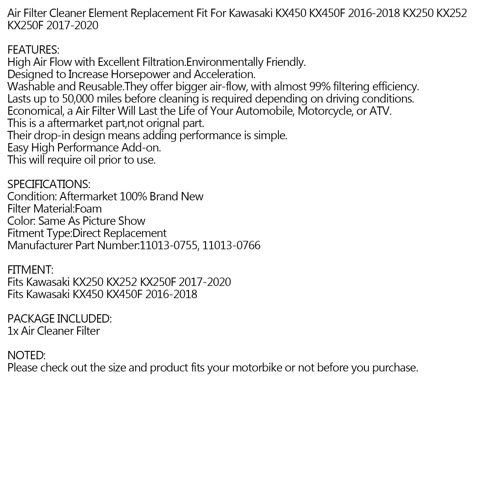 Filtre à air en mousse pour Kawasaki KX250F KX450F 16-20 #11013-0755 11013-0766 générique