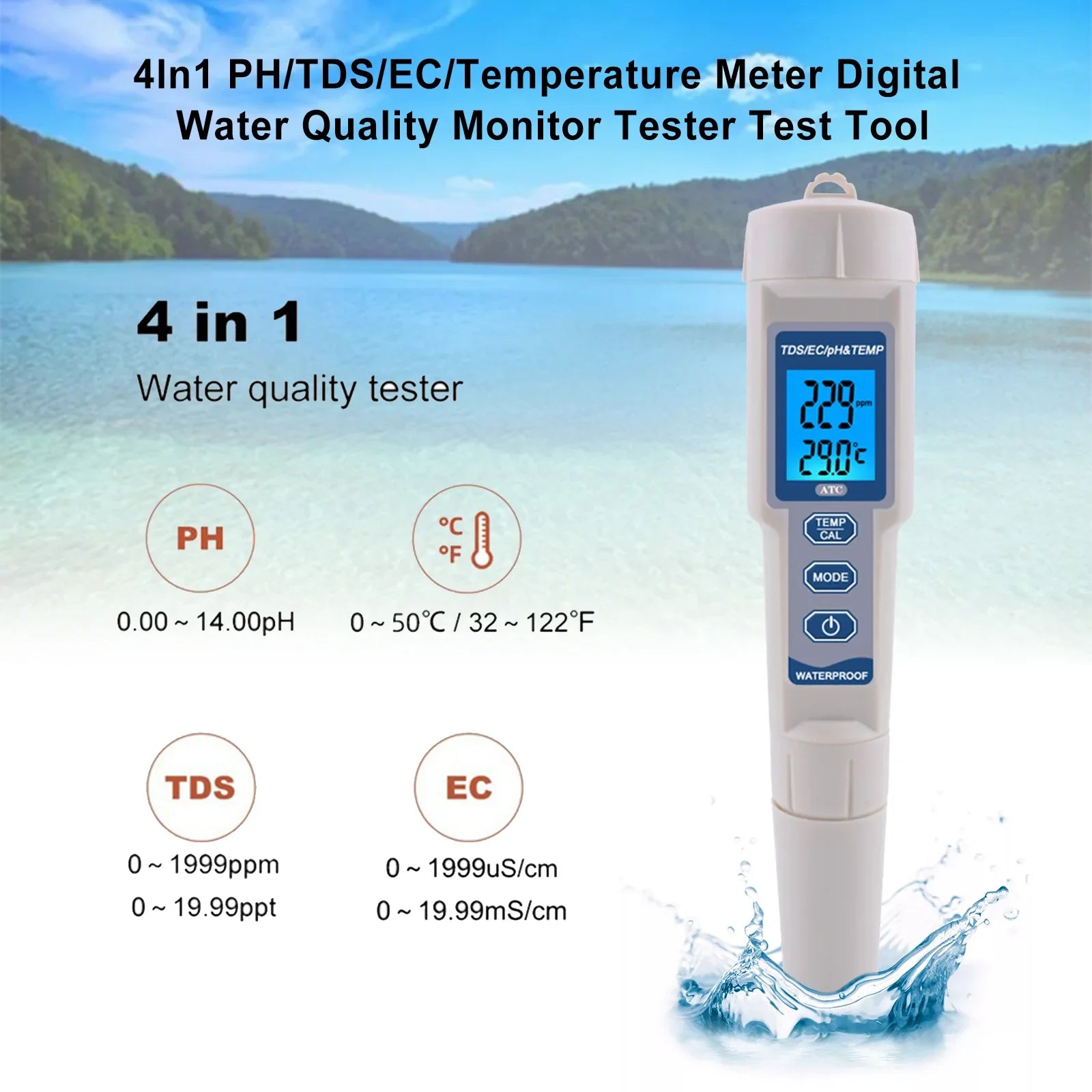 Outil de test de testeur de moniteur de qualité de l&#39;eau numérique PH/TDS/EC/température 4 en 1