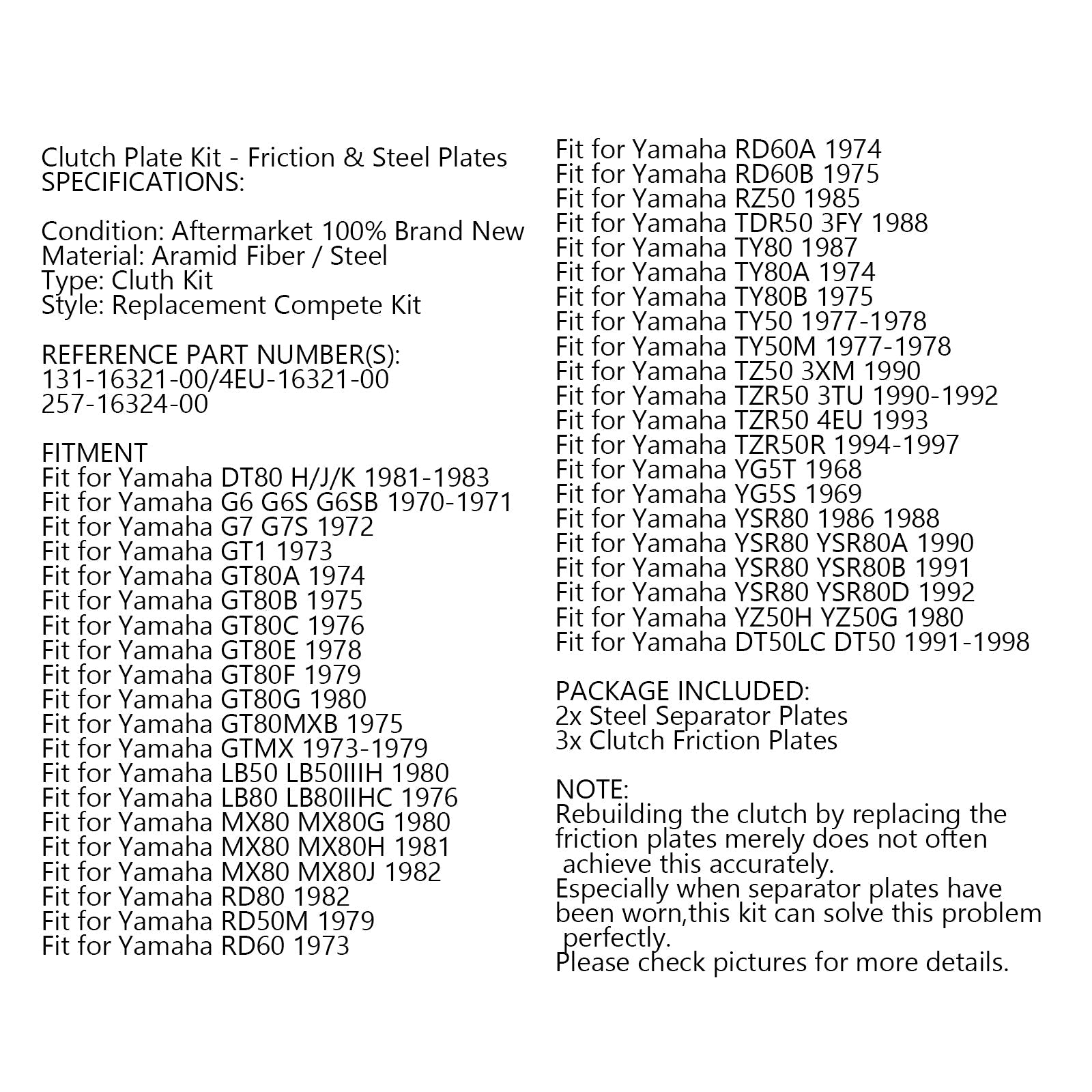 Kit d'embrayage en acier et plaques de friction pour Yamaha YSR80 TZR50 TY50 MX80 GT80 générique