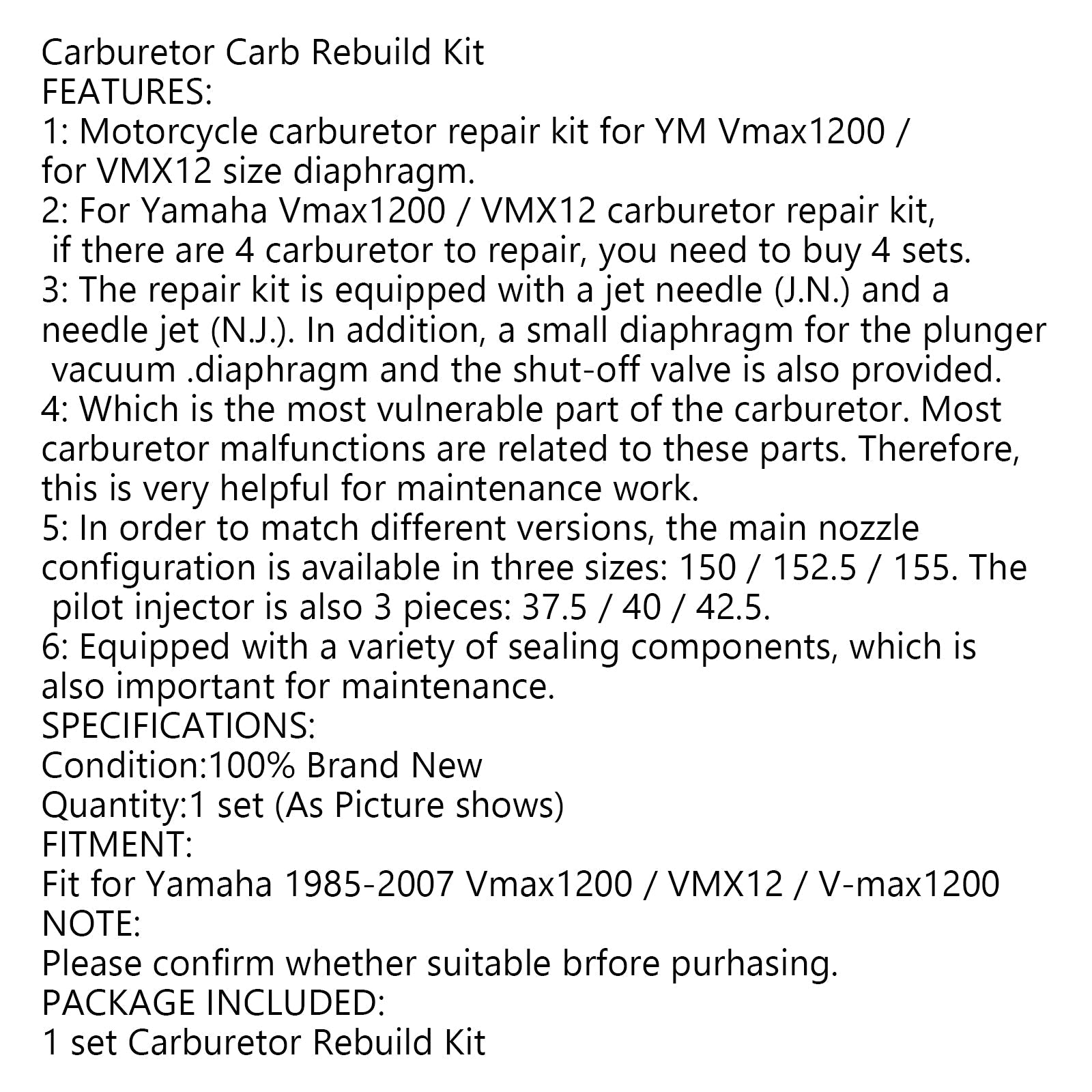 Kit de reparación de reconstrucción de carburador principal Underjet para Yamaha VMAX V-Max 1200 VMX12 genérico