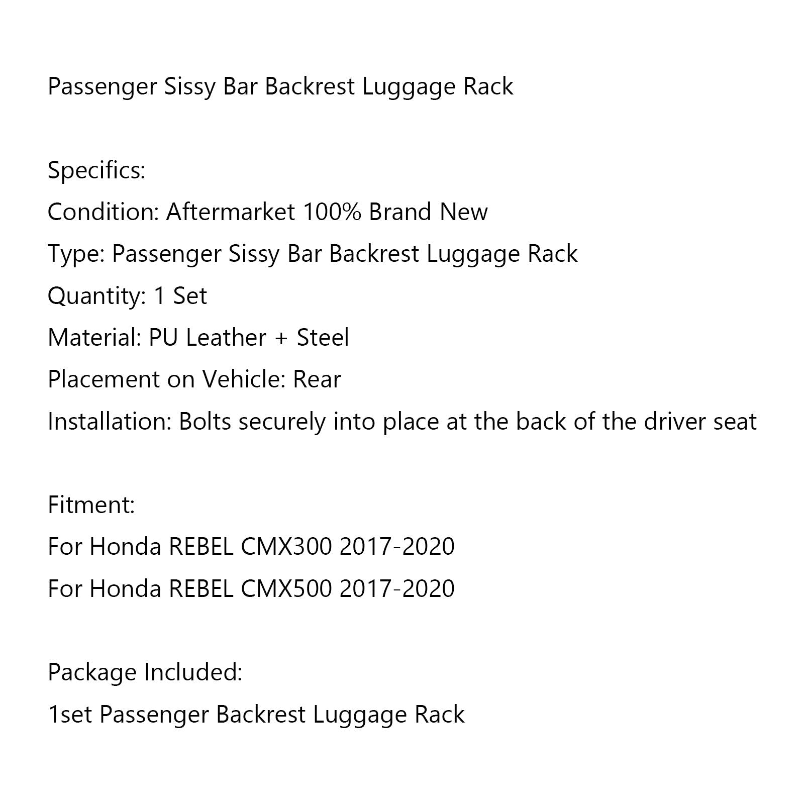 Passager Sissy Bar Dossier Porte-Bagages pour Honda REBEL CMX300 CMX500 2017-20 Générique